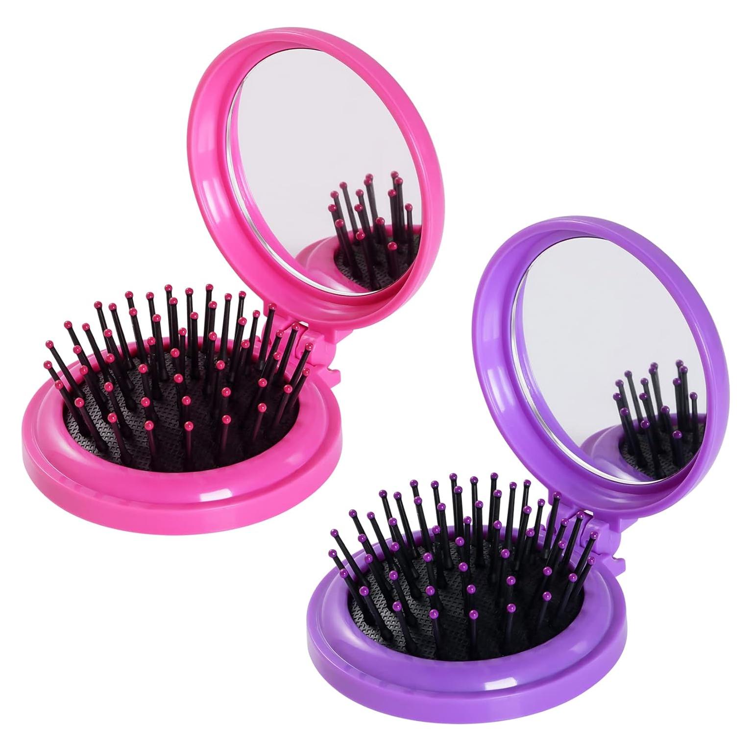 2 Cepillos de Pelo Plegables con Espejo - Heliltd - Rosa y Púrpura
