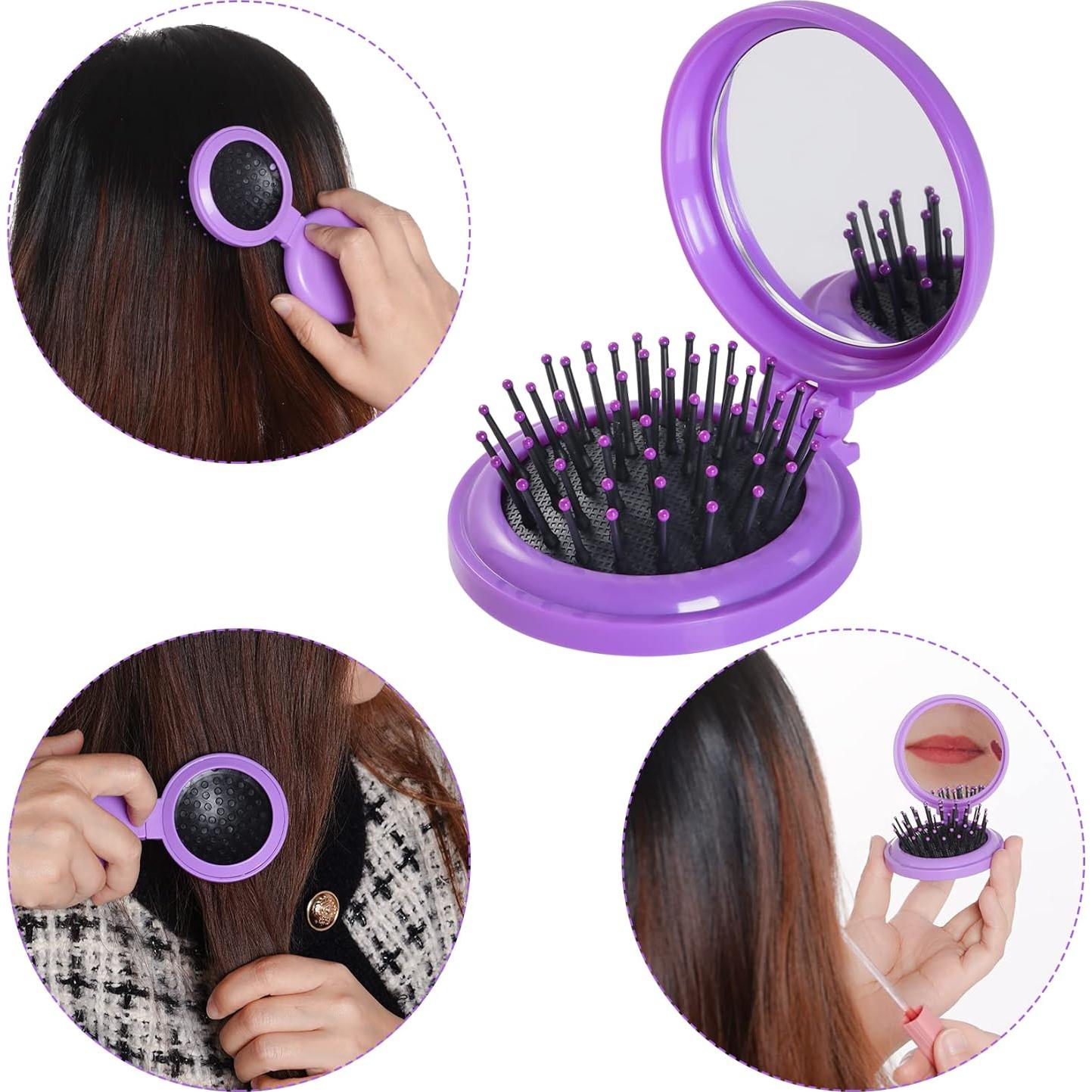2 Cepillos de Pelo Plegables con Espejo - Heliltd - Rosa y Púrpura