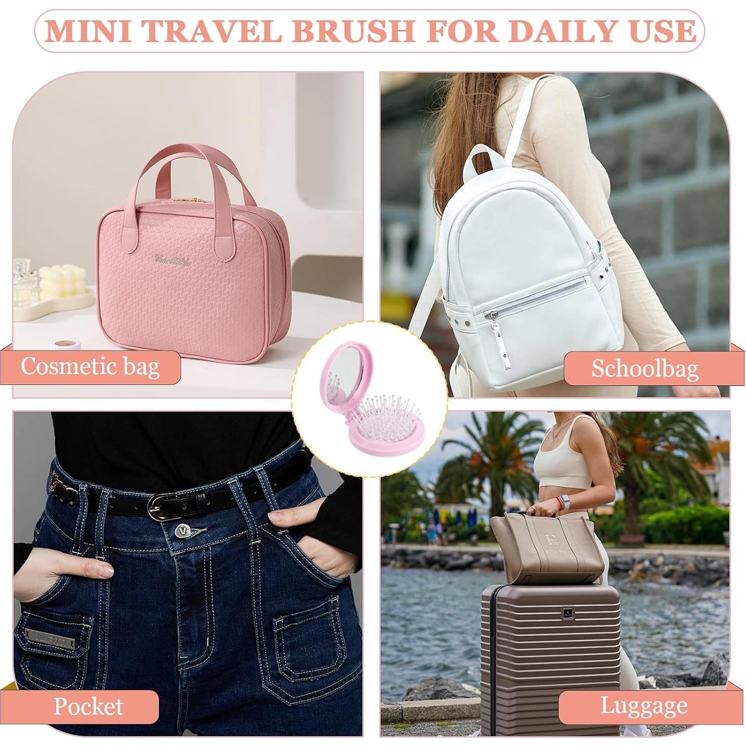 Mini Cepillo de Cabello Plegable SIMPOR con Espejo Rosa