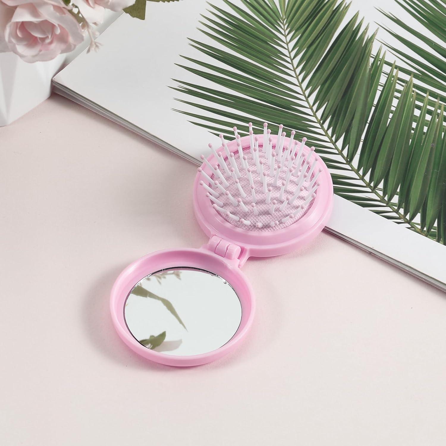 Mini Cepillo de Cabello Plegable SIMPOR con Espejo Rosa