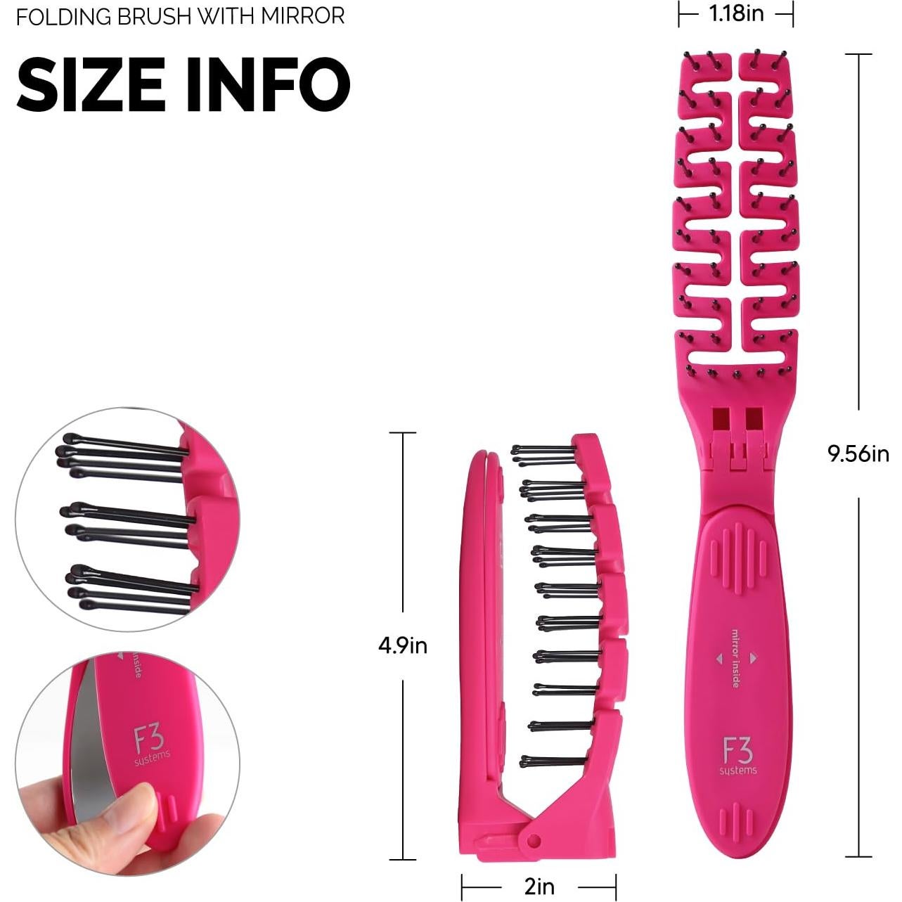 Cepillo de Pelo Plegable F3 Systems con Espejo Compacto 24.89cm