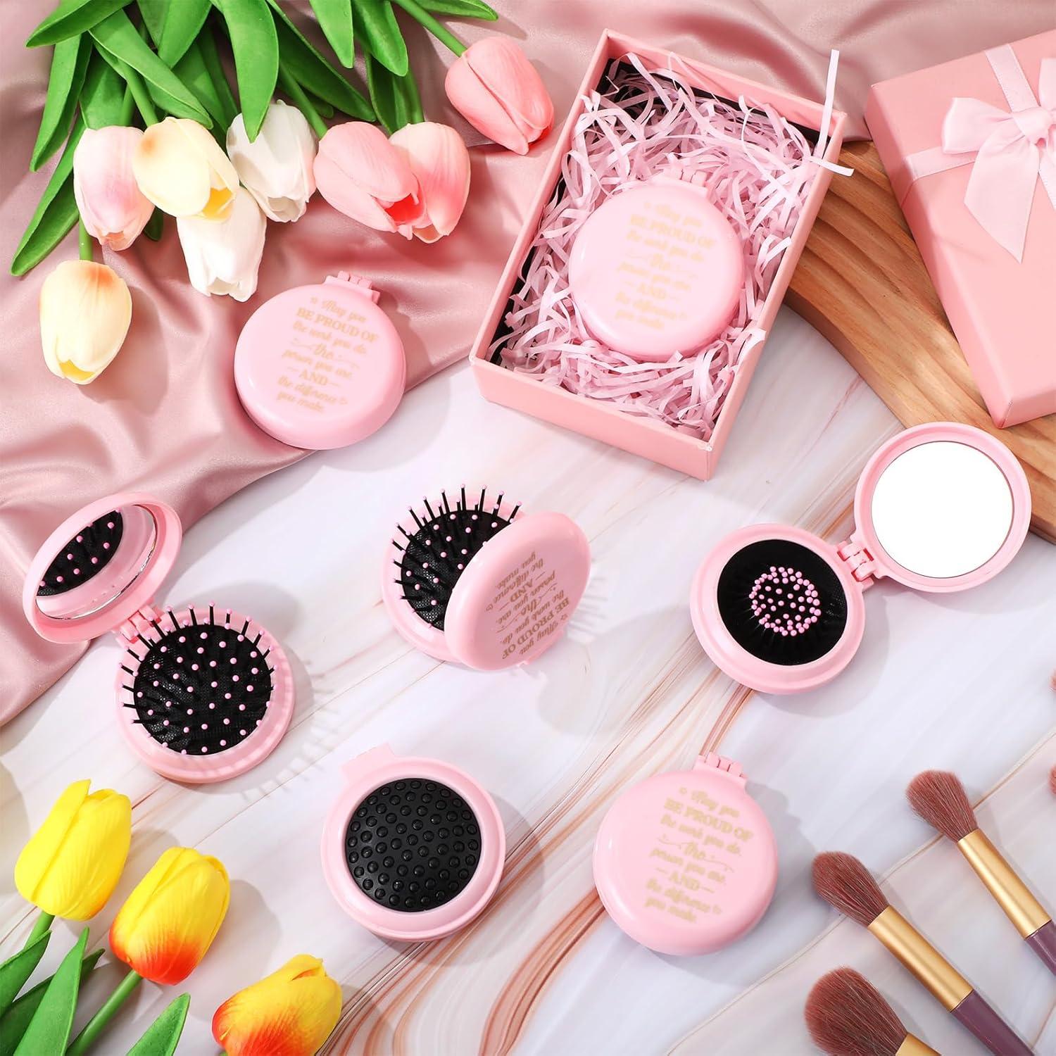 Set de 12 Cepillos de Pelo Plegables Leinuosen con Espejo Rosa