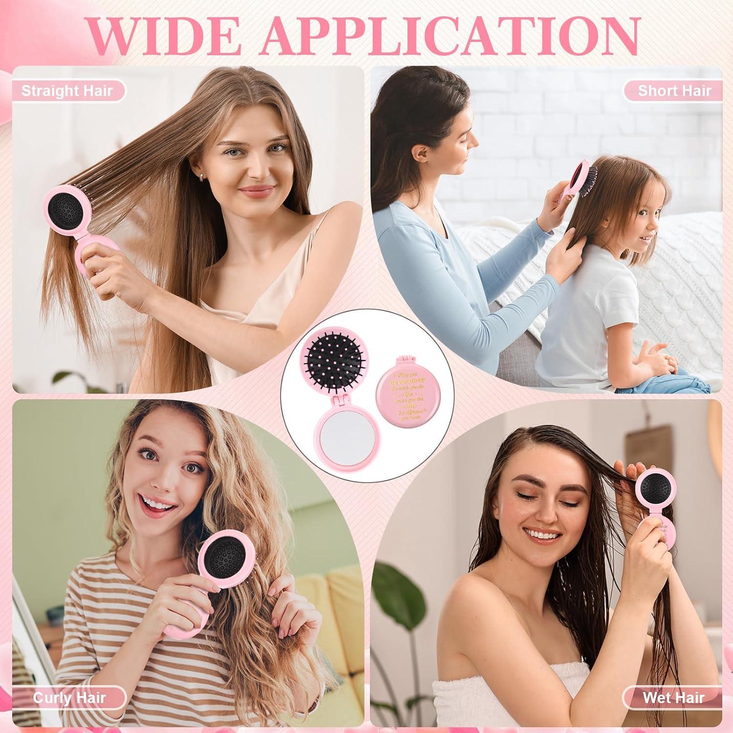 Set de 12 Cepillos de Pelo Plegables Leinuosen con Espejo Rosa