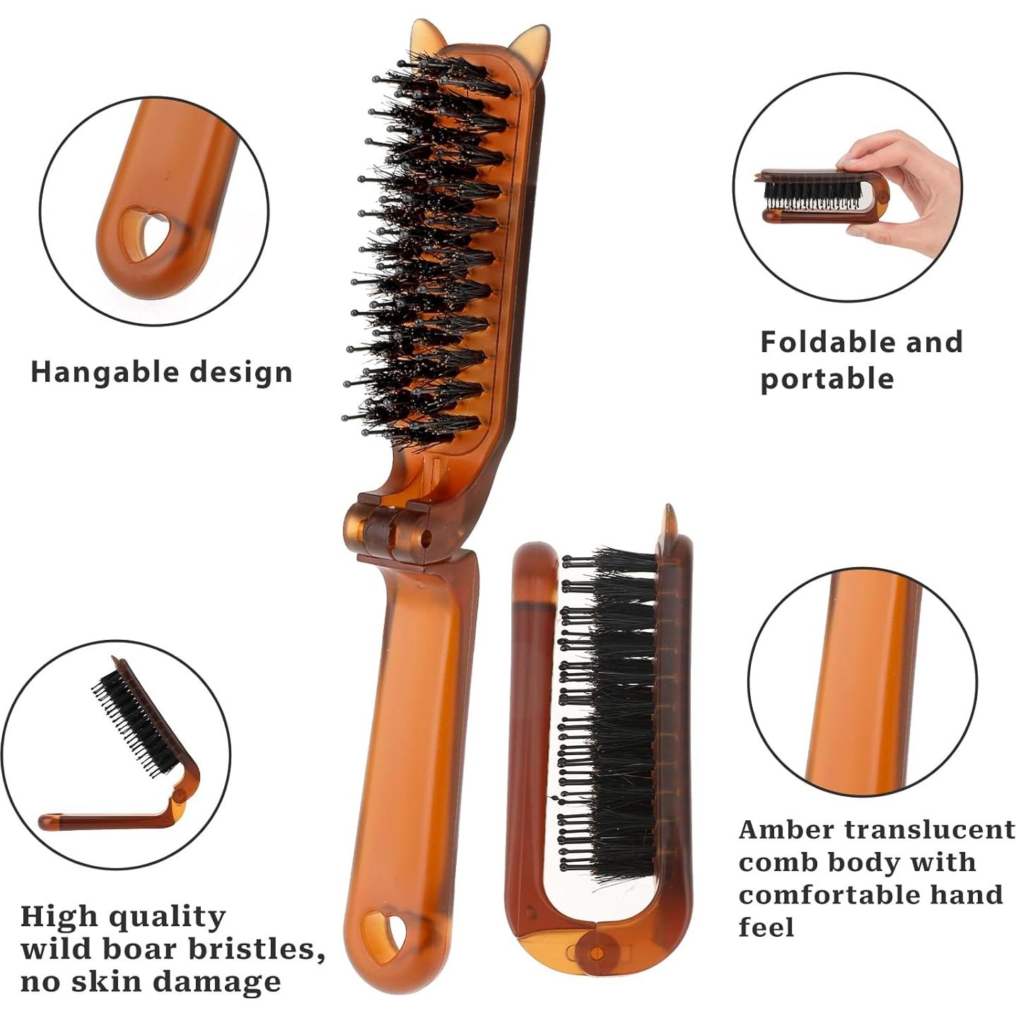 Cepillo de cabello plegable Sliverdew, 2 piezas, viaje, cerdas de jabalí