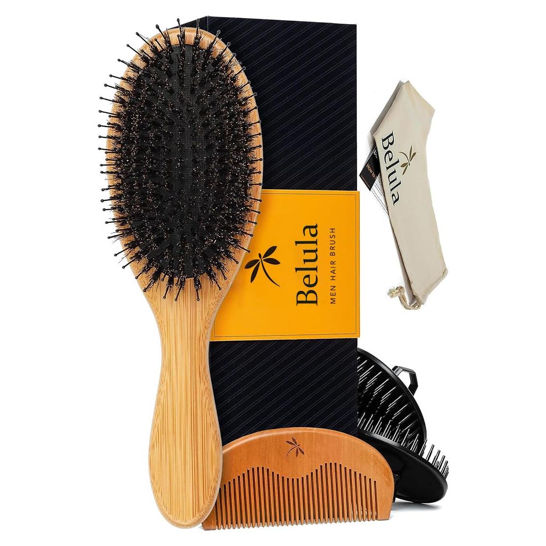 Juego de Cepillos para Cabello Masculino Belula - Cerda de Jabalí y Peine de Madera