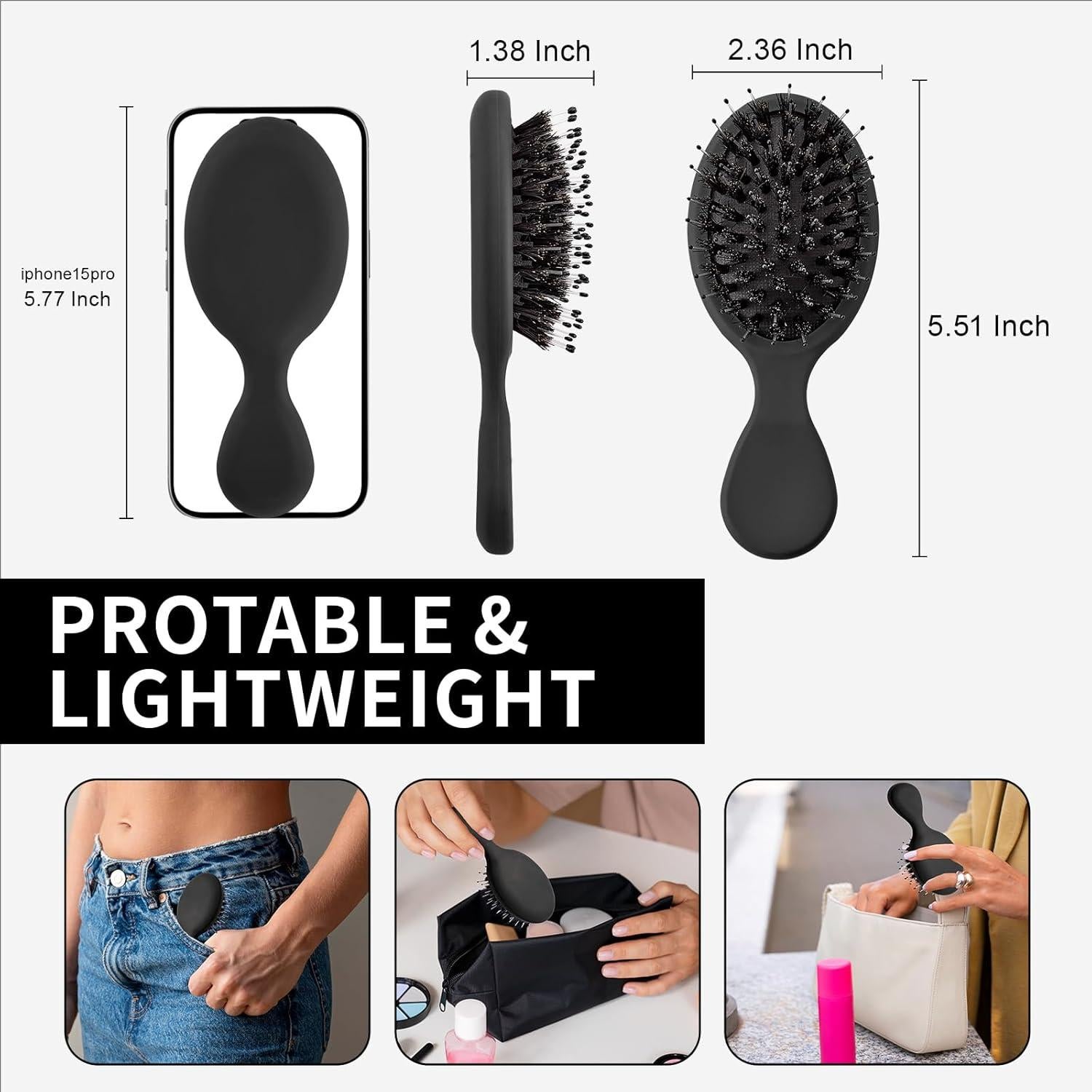 Mini Cepillo Desenredante Jurrissa Negro 14x6 cm Portátil