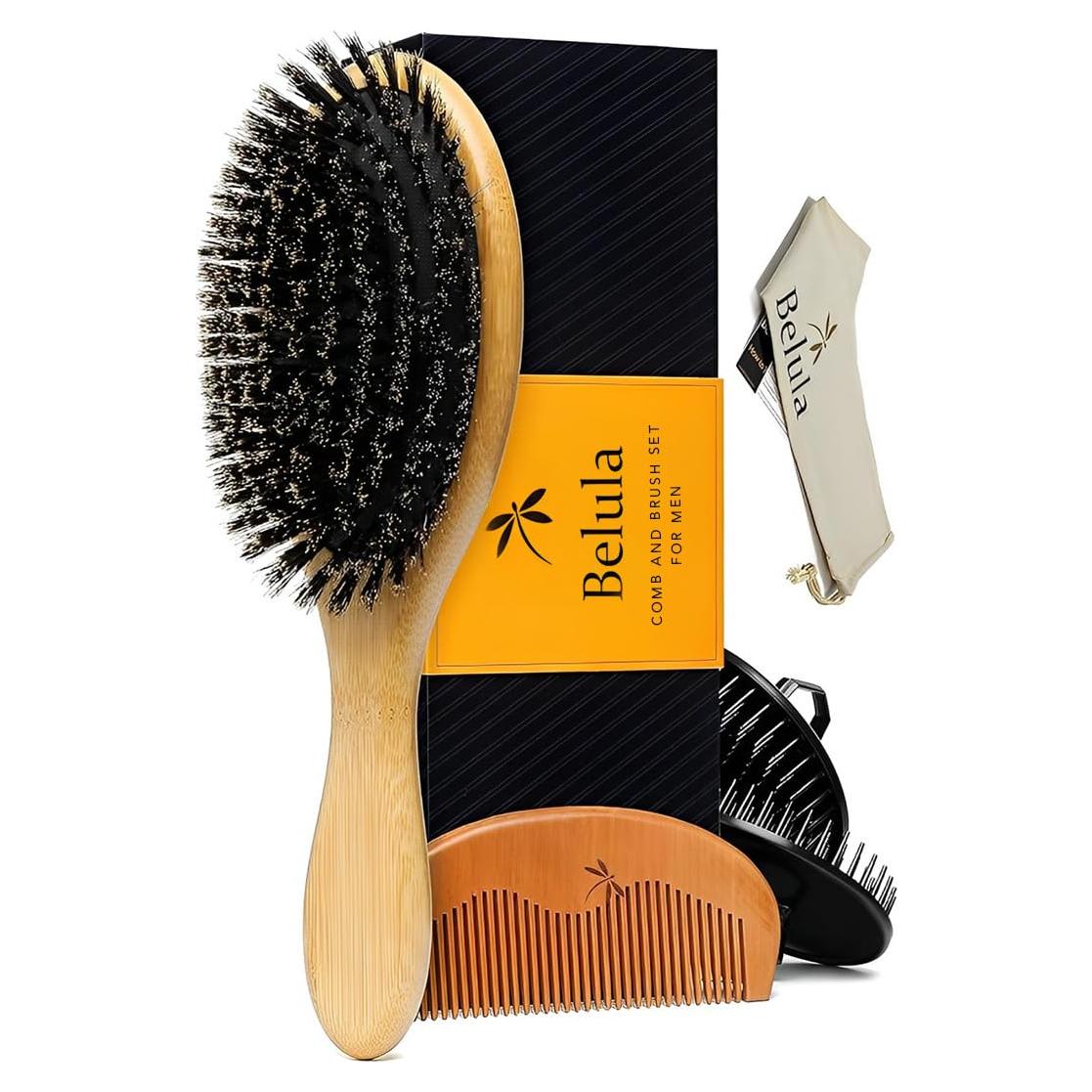 Juego de cepillos de cerdas de jabalí Belula para hombres - Incluye peine y bolsa