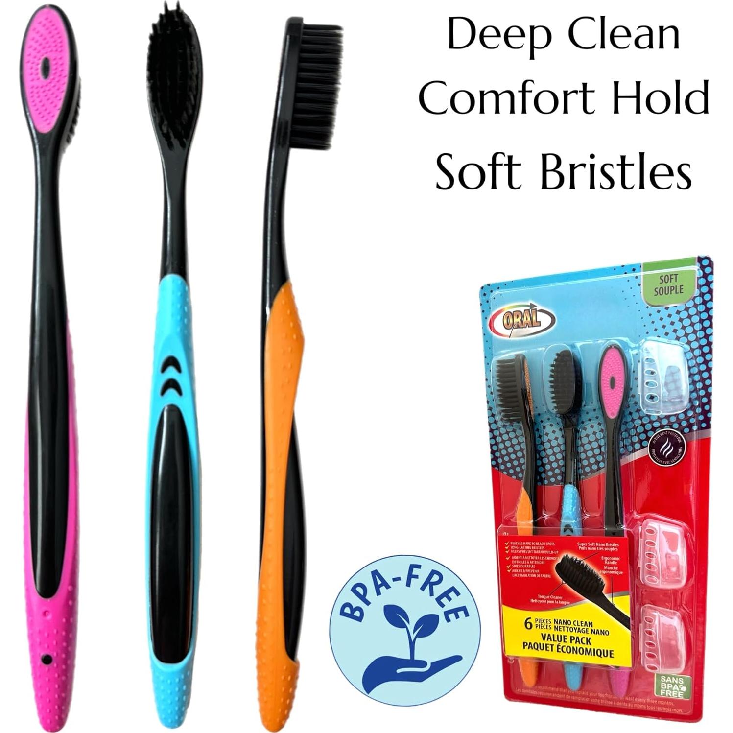 Cepillo de Dientes Suave ALAZCO 3 Piezas Cerdas Negras y Neón