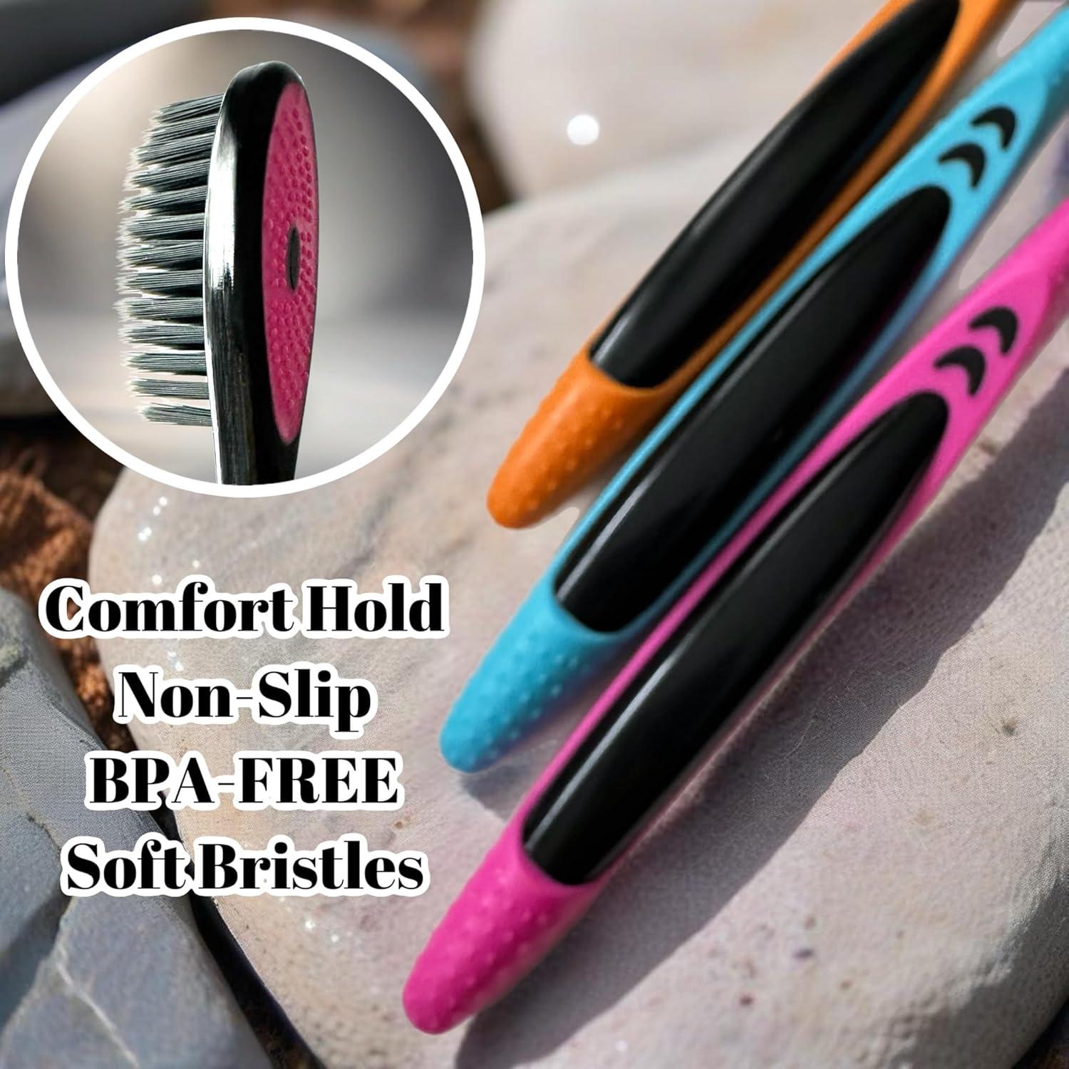 Cepillo de Dientes Suave ALAZCO 3 Piezas Cerdas Negras y Neón