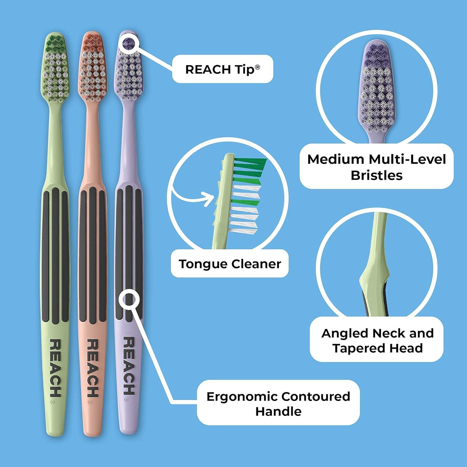 Cepillo de Dientes REACH con Tapa, Cuello Angulado y Raspador