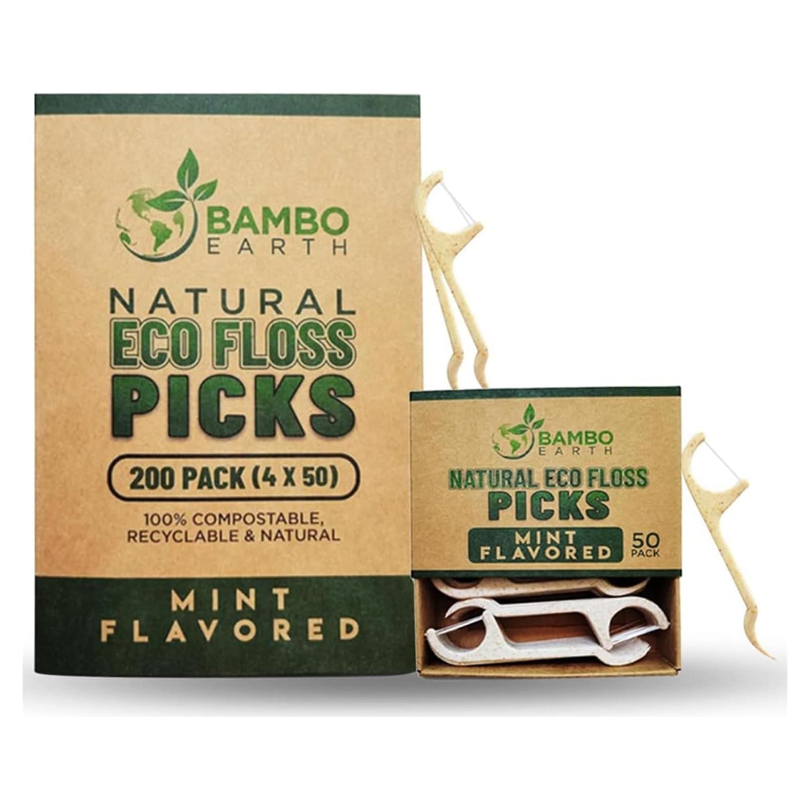 Palillos de Hilo Dental Ecológicos BAMBOEARTH 200 Unidades Menta