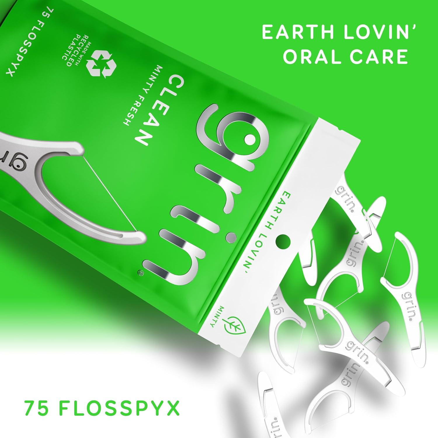 GRIN Clean Flosspyx, Floss Picks, 75 Count, Dental Flossers, Minty Flavor, Recycled Plastic, Super Strong Fine Floss, Tight Teeth, Premium Longer Floss Head, Includes Safe Fold-Back Tooth Pick