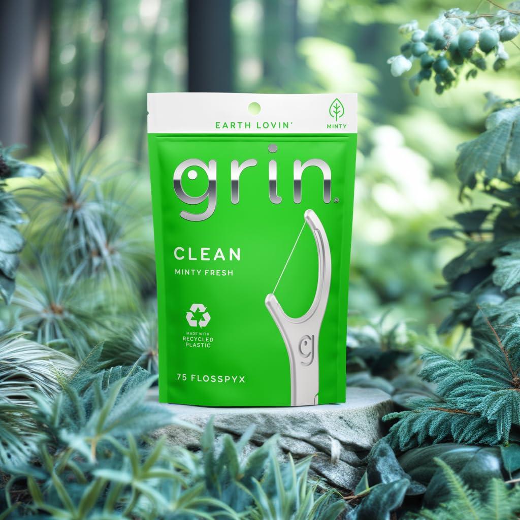 GRIN Clean Flosspyx, Floss Picks, 75 Count, Dental Flossers, Minty Flavor, Recycled Plastic, Super Strong Fine Floss, Tight Teeth, Premium Longer Floss Head, Includes Safe Fold-Back Tooth Pick