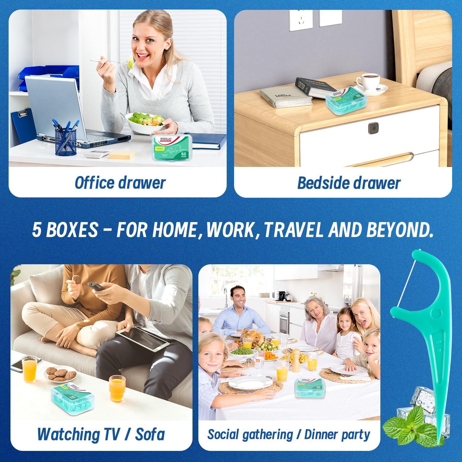 Palillos de Hilo Dental SOSALUK 300 Unidades Menta con Estuches