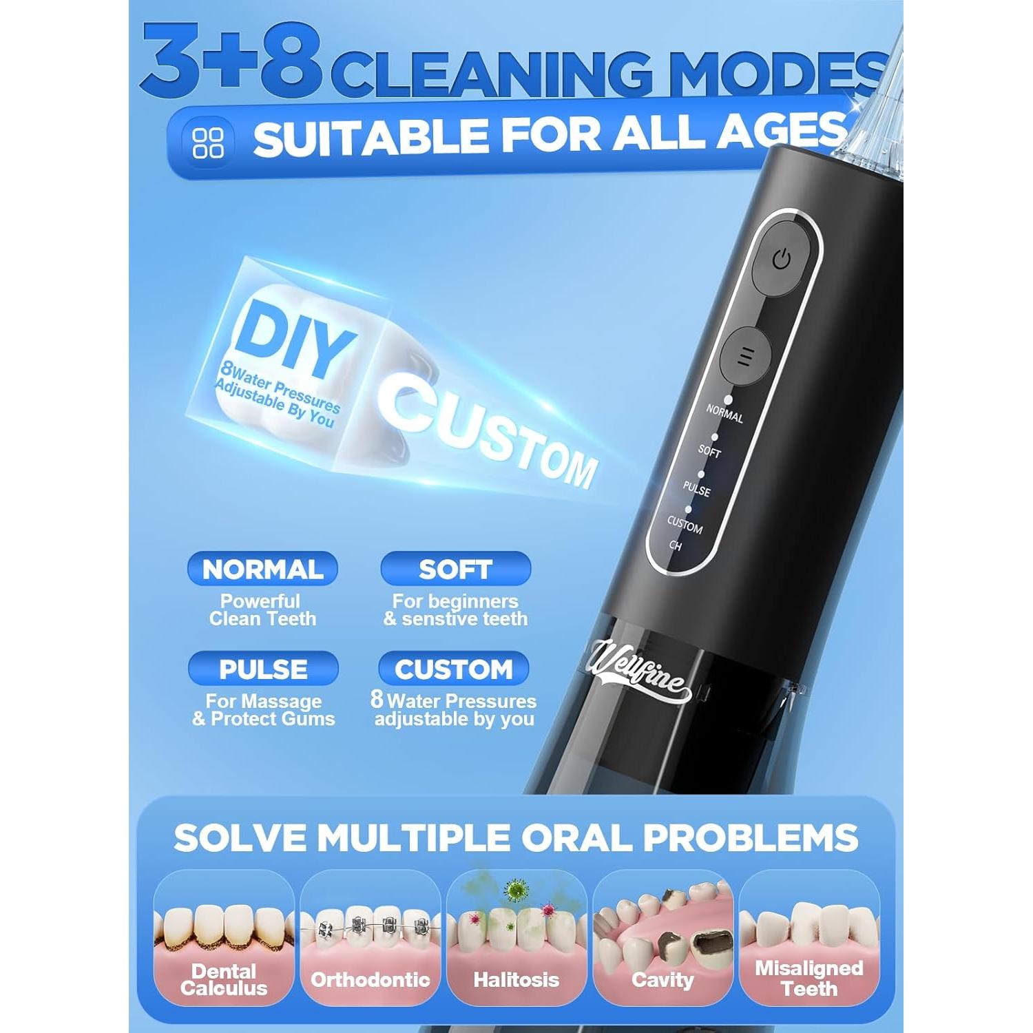 Irrigador Oral WELLFINE F5030B Inalámbrico 300ML IPX7 4 Modos