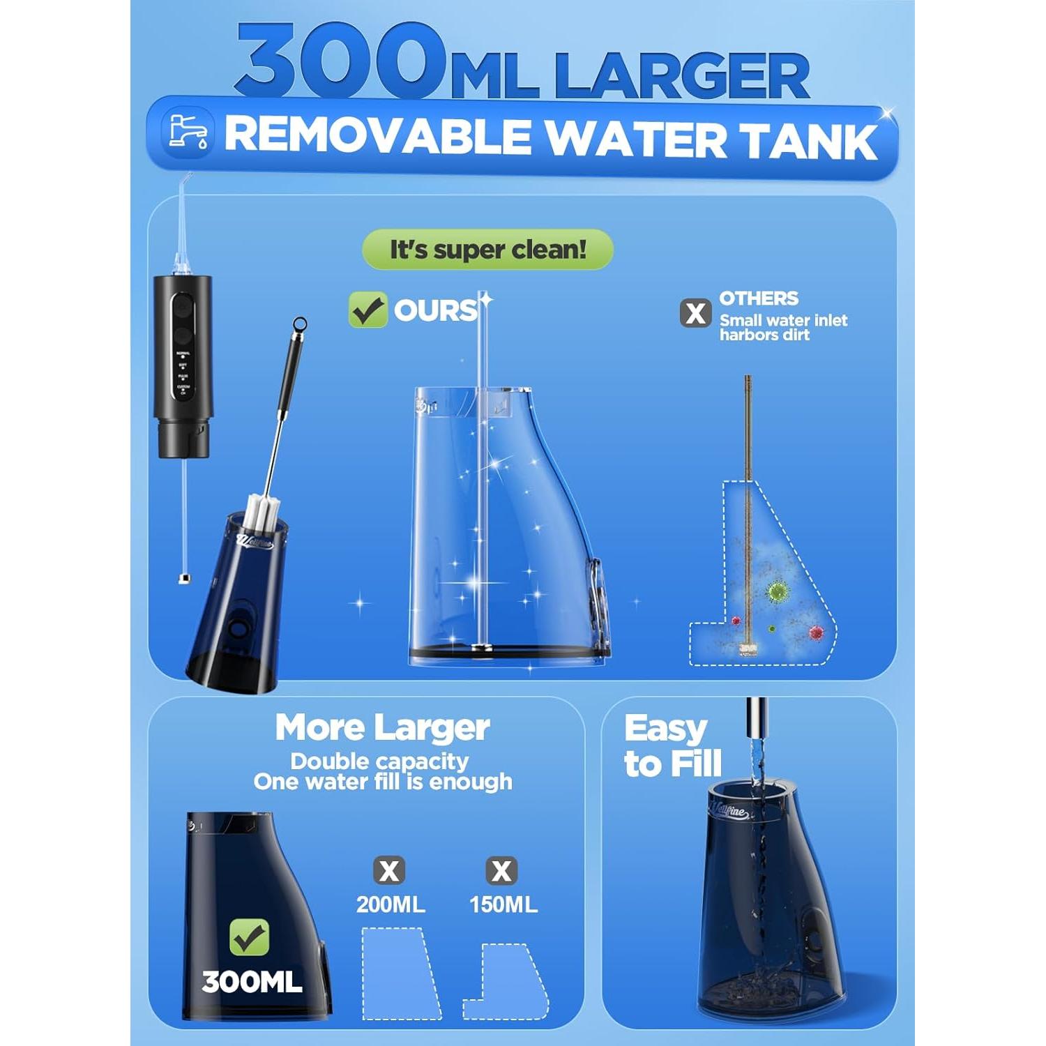 Irrigador Oral WELLFINE F5030B Inalámbrico 300ML IPX7 4 Modos