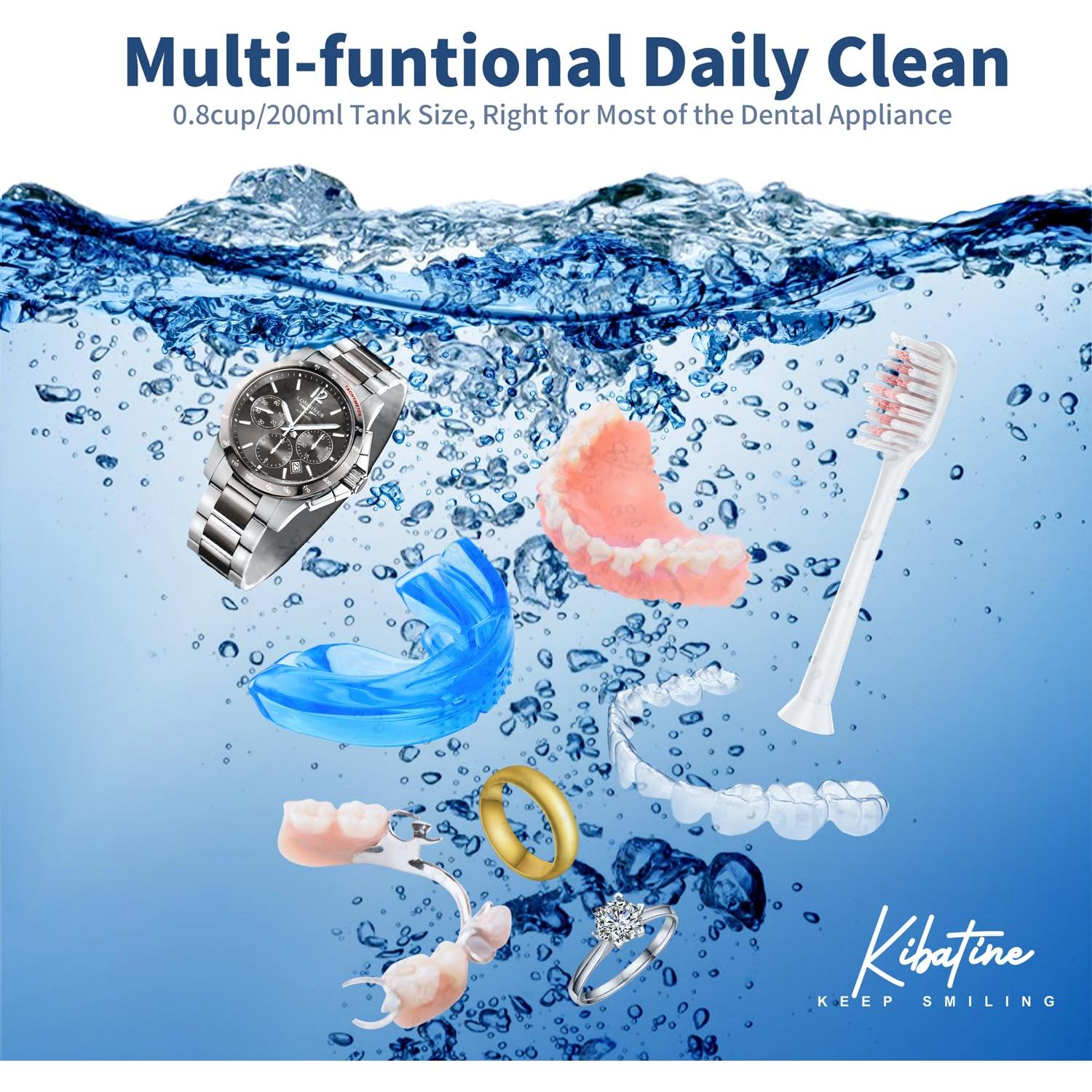 Limpiador Ultrasónico Kibatine con Luz UV 200ml para Dentaduras