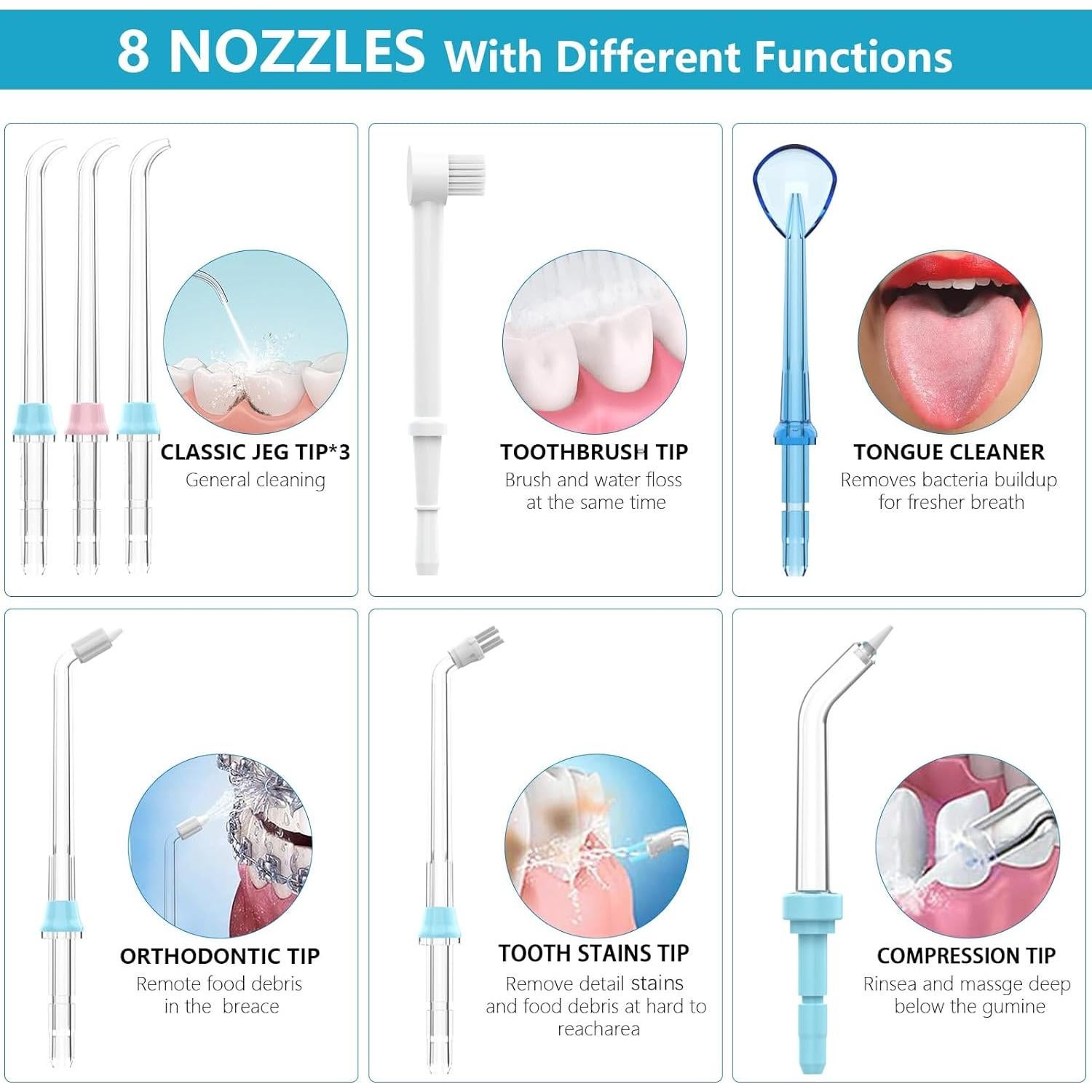 Irrigador Dental TUREWELL 600ML 8 Puntas 10 Niveles Presión Blanco