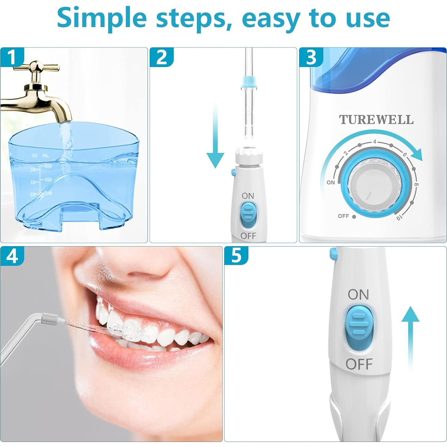 Irrigador Dental TUREWELL 600ML 8 Puntas 10 Niveles Presión Blanco