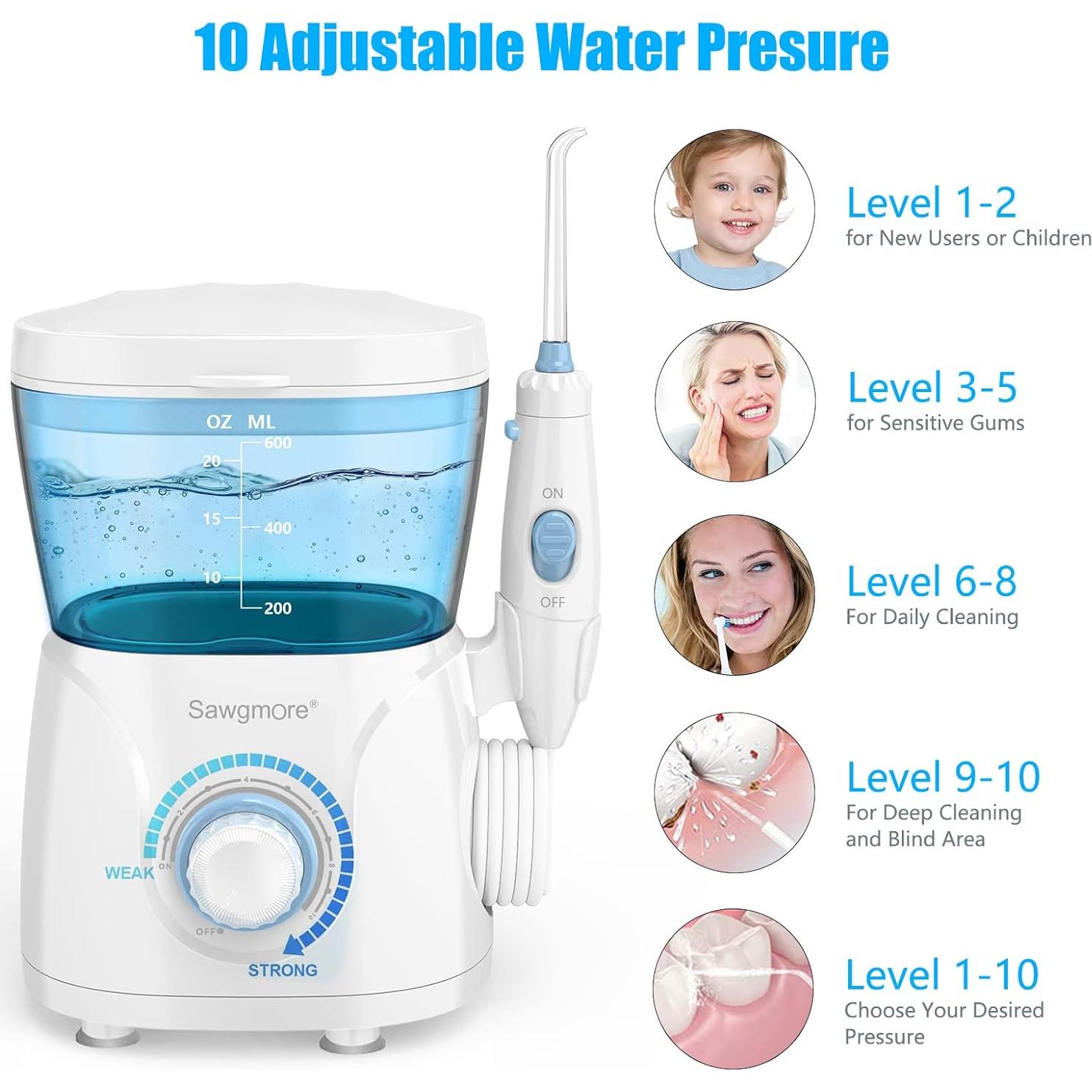 Irrigador Dental de Agua Sawgmore FC166, 600 ml, 10 Modos, 8 Boquillas