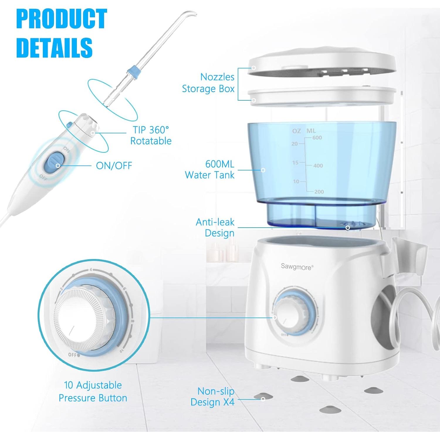 Irrigador Dental de Agua Sawgmore FC166, 600 ml, 10 Modos, 8 Boquillas