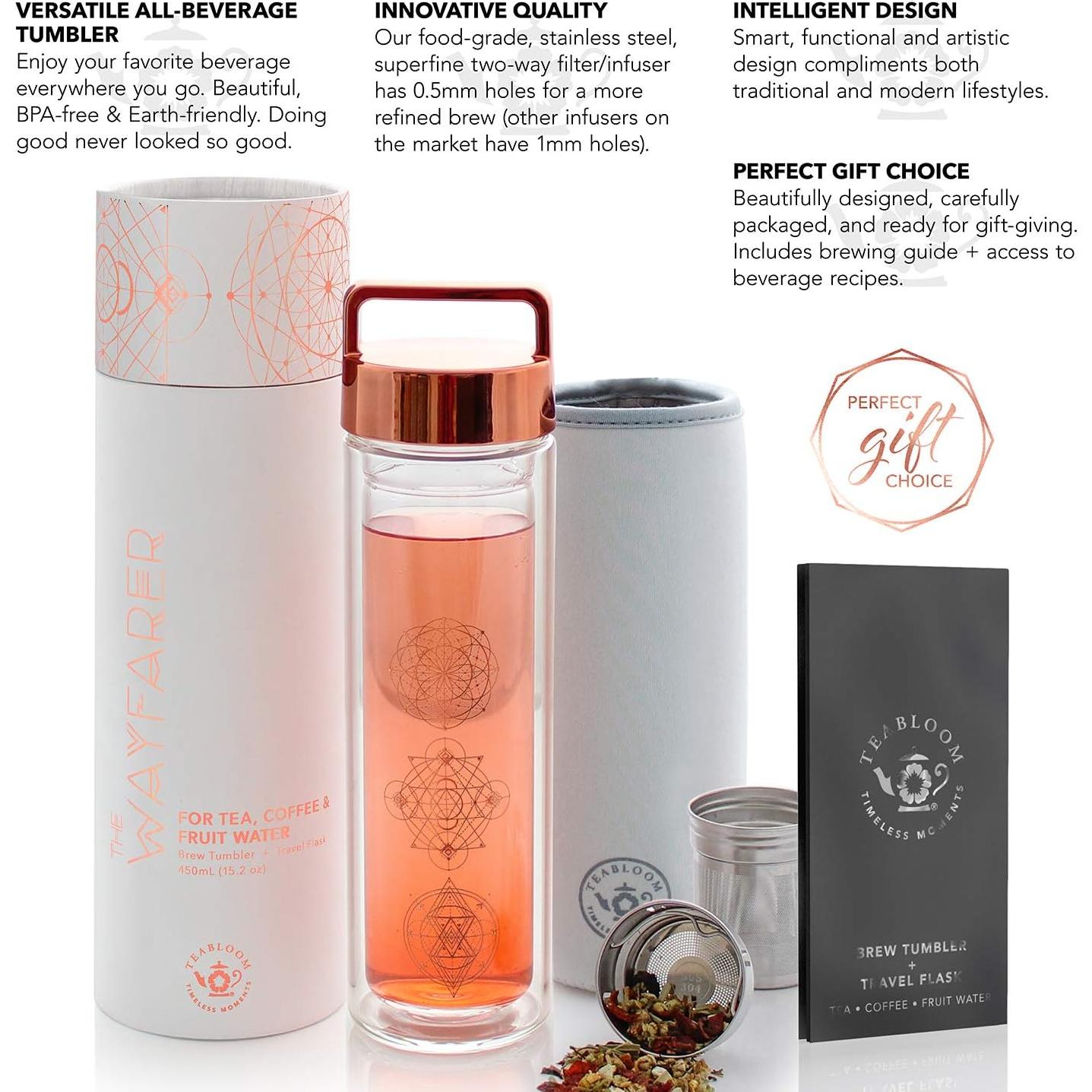 Vaso de Vidrio Aislado Teabloom Wayfarer 450 ml Oro Rosa