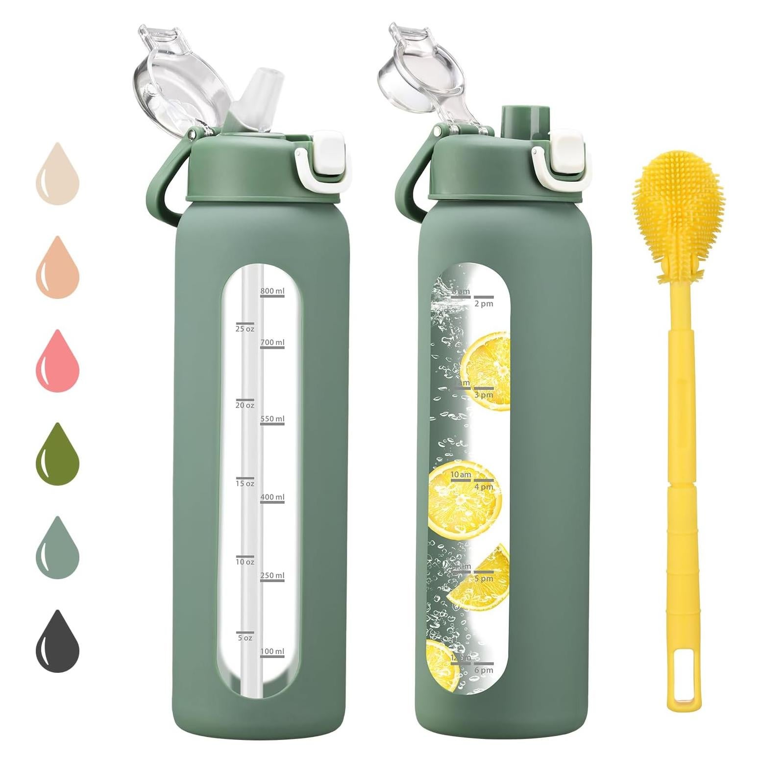 Botella de Agua de Vidrio Chunmo 946 ml con 2 Tapas Oliva