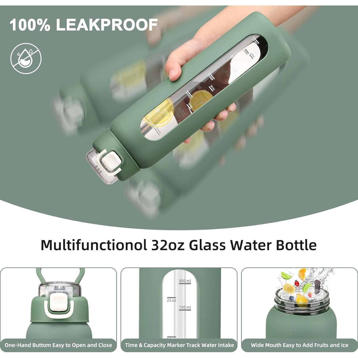 Botella de Agua de Vidrio Chunmo 946 ml con 2 Tapas Oliva