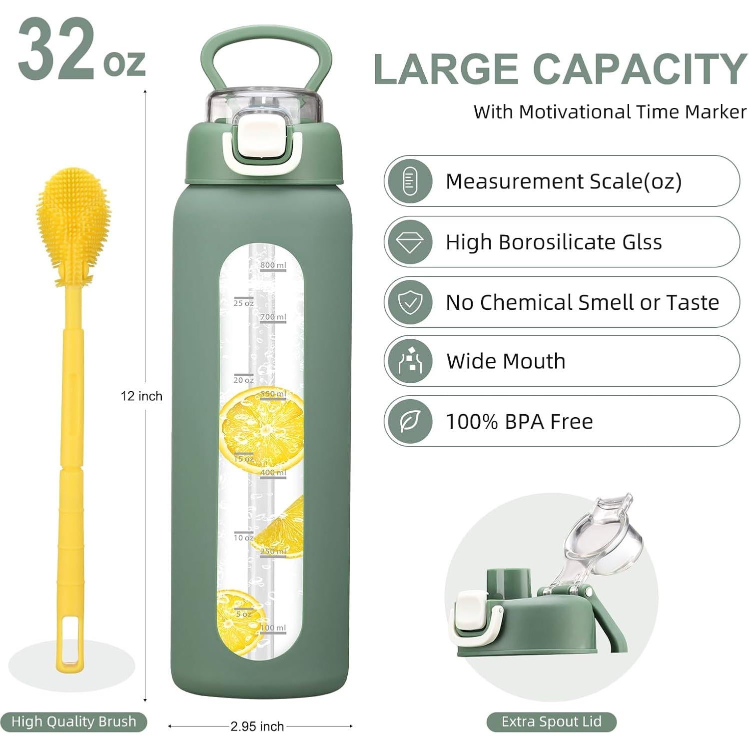 Botella de Agua de Vidrio Chunmo 946 ml con 2 Tapas Oliva