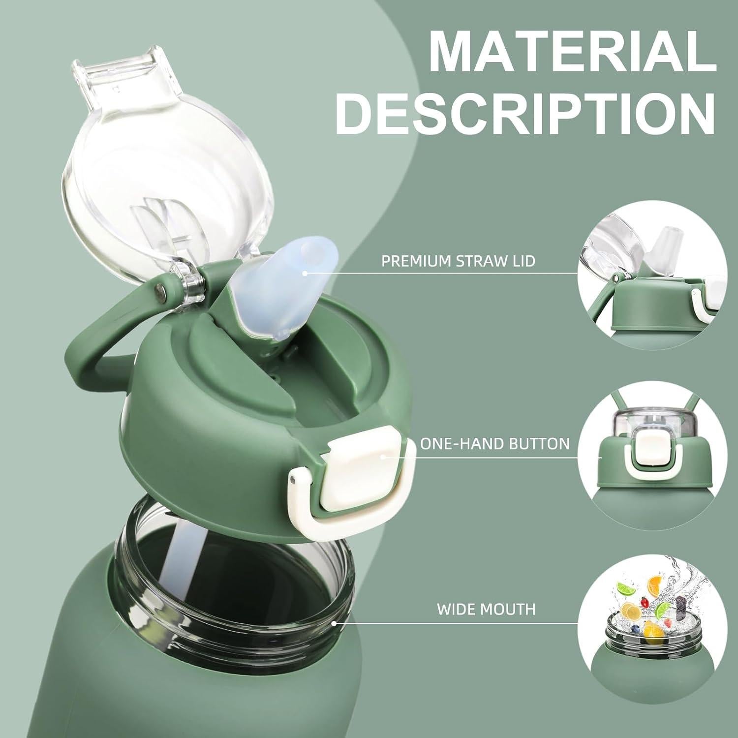 Botella de Agua de Vidrio Chunmo 946 ml con 2 Tapas Oliva