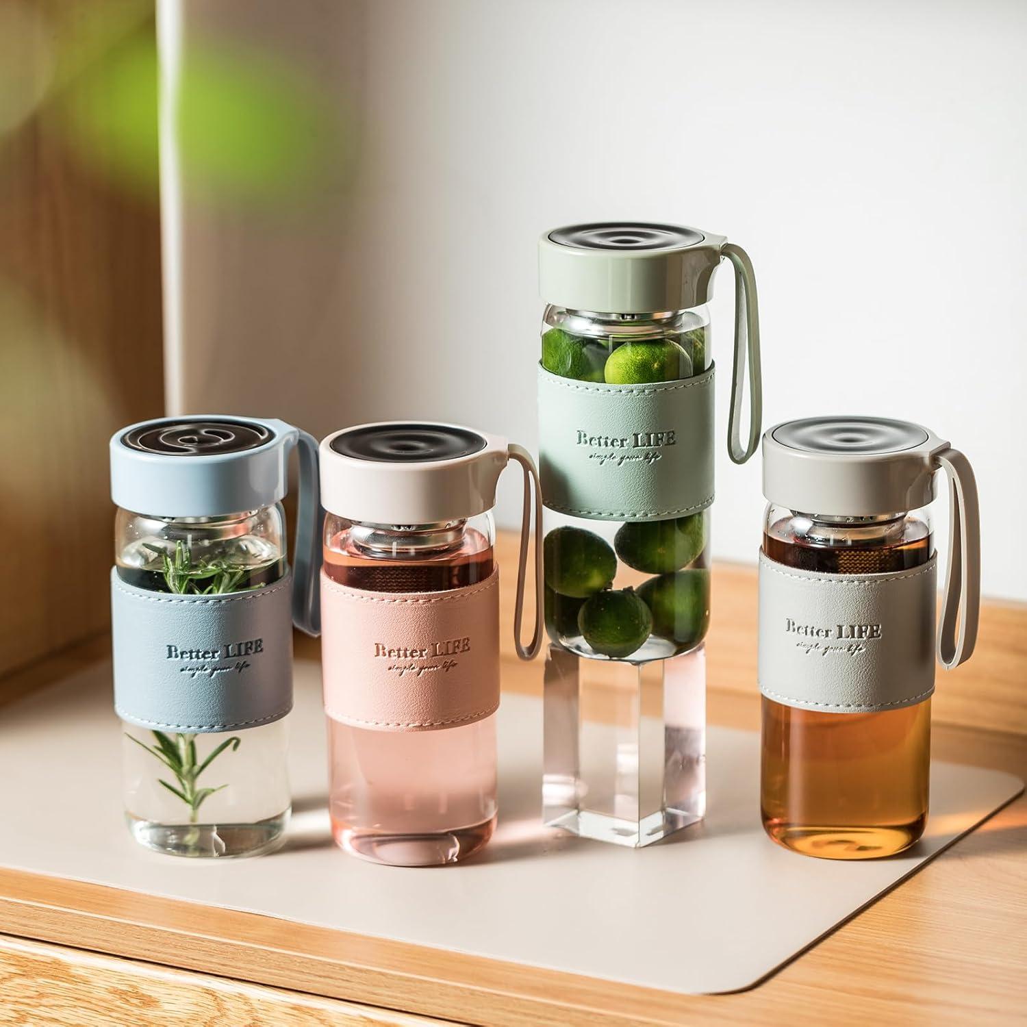 Botella de Agua de Vidrio 0.47L DNIENKGE Rosa con Funda Antideslizante