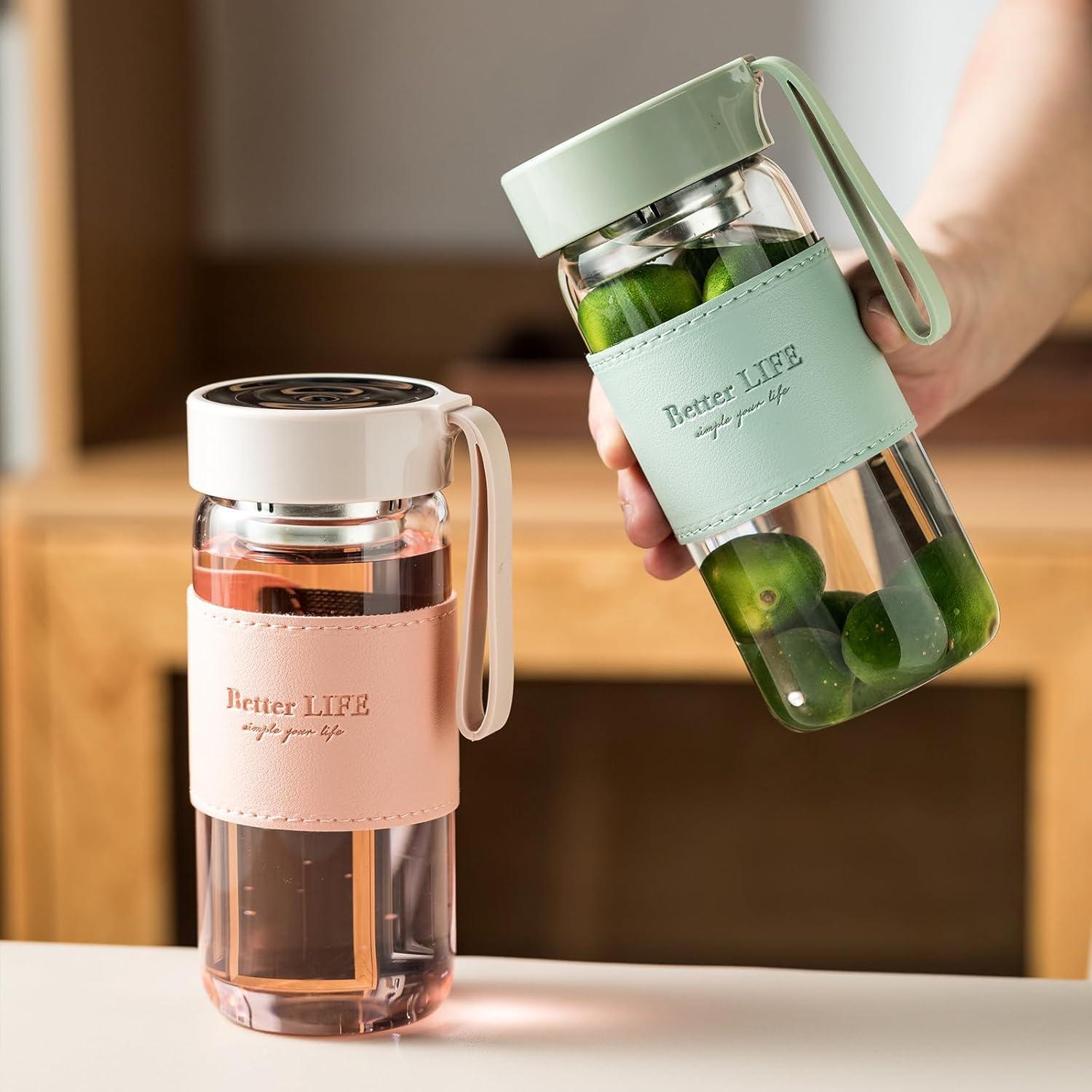 Botella de Agua de Vidrio 0.47L DNIENKGE Rosa con Funda Antideslizante