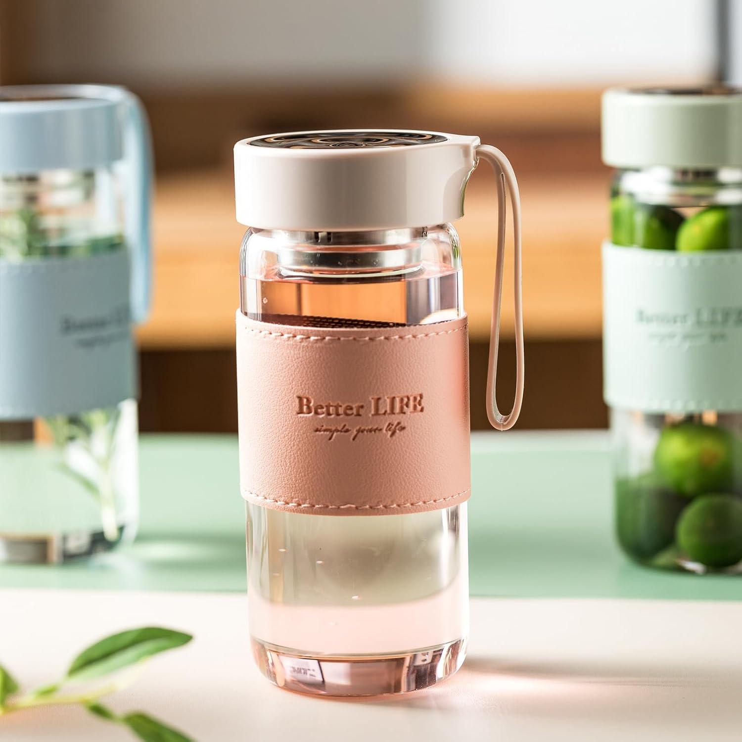 Botella de Agua de Vidrio 0.47L DNIENKGE Rosa con Funda Antideslizante