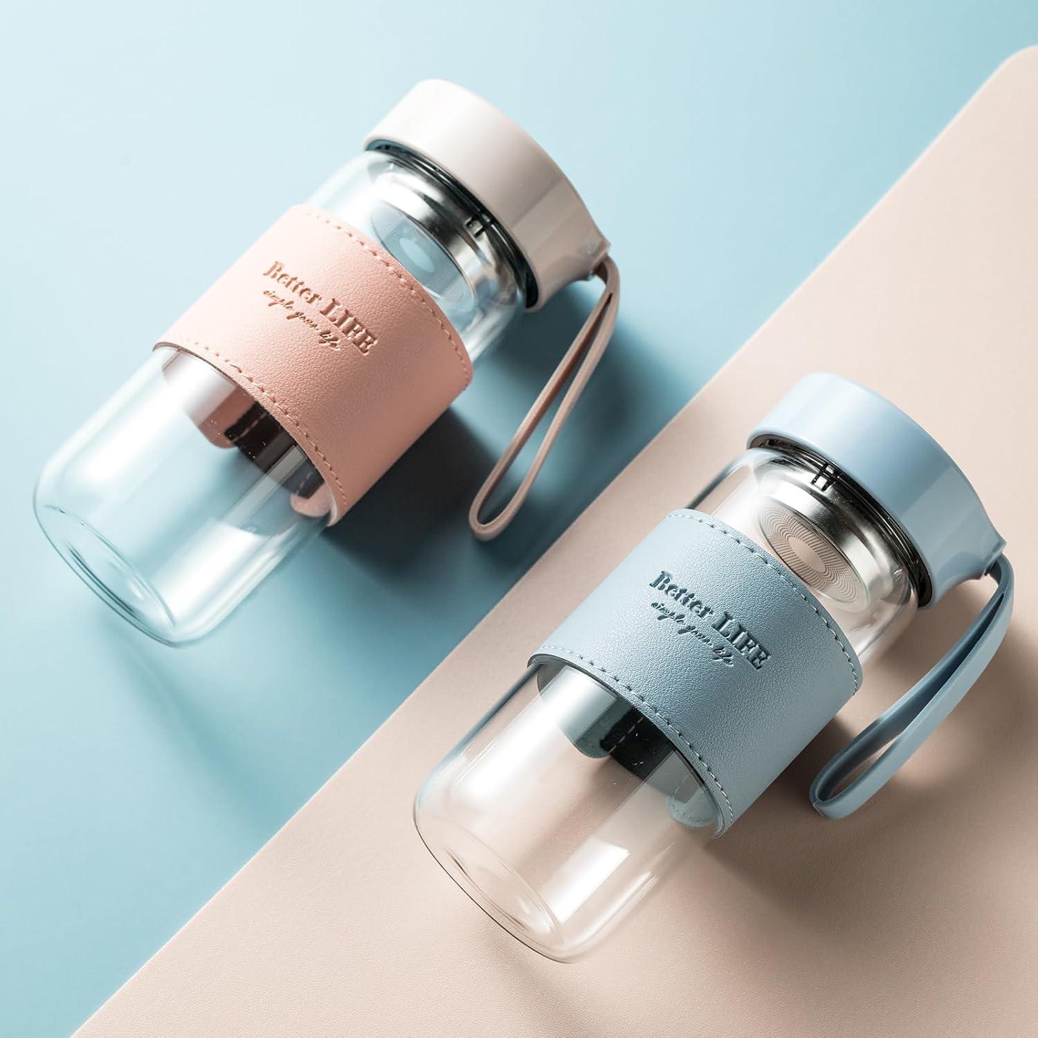 Botella de Agua de Vidrio 0.47L DNIENKGE Rosa con Funda Antideslizante