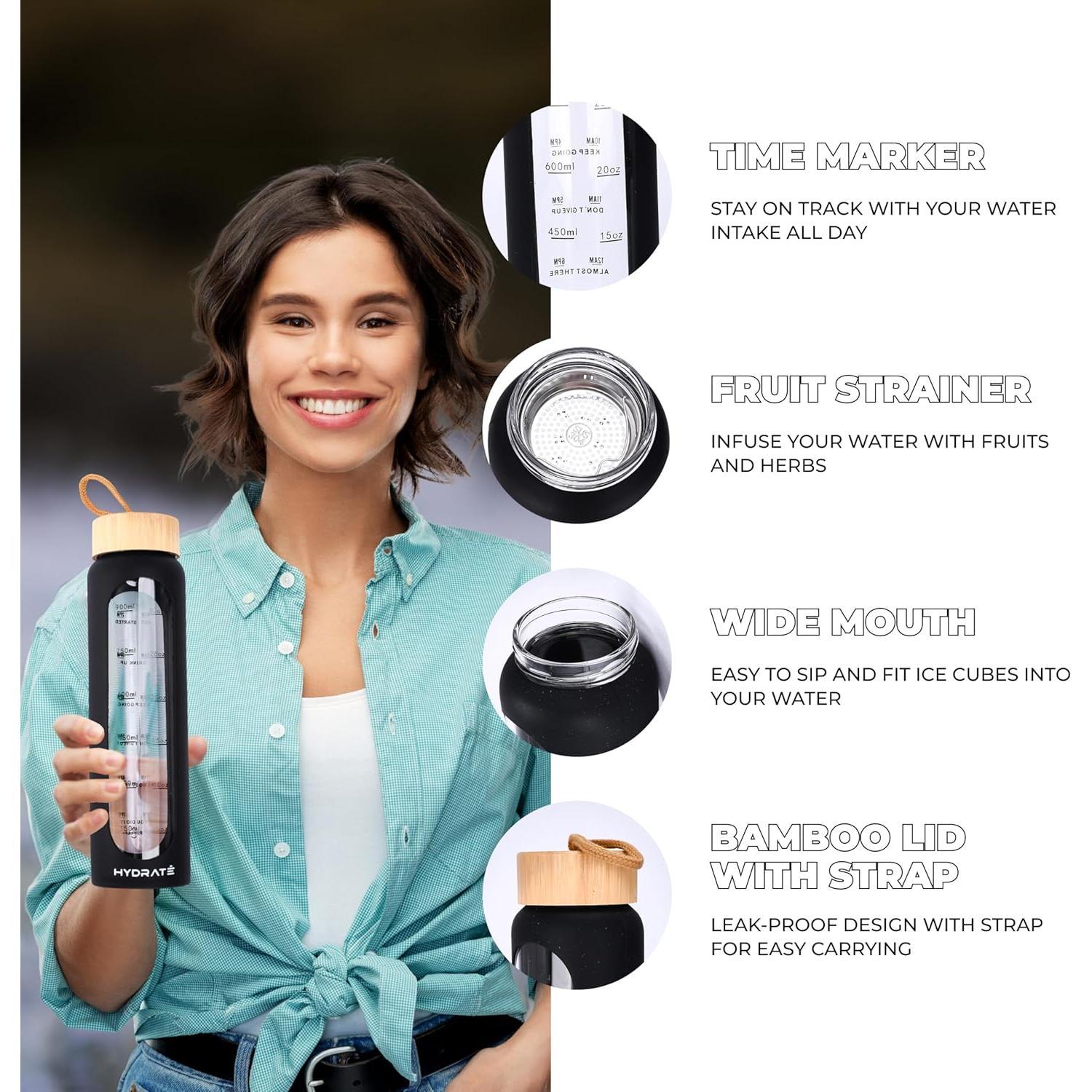 Botella de Agua de Vidrio HYDRATE 946 ml con Difusor y Tapas