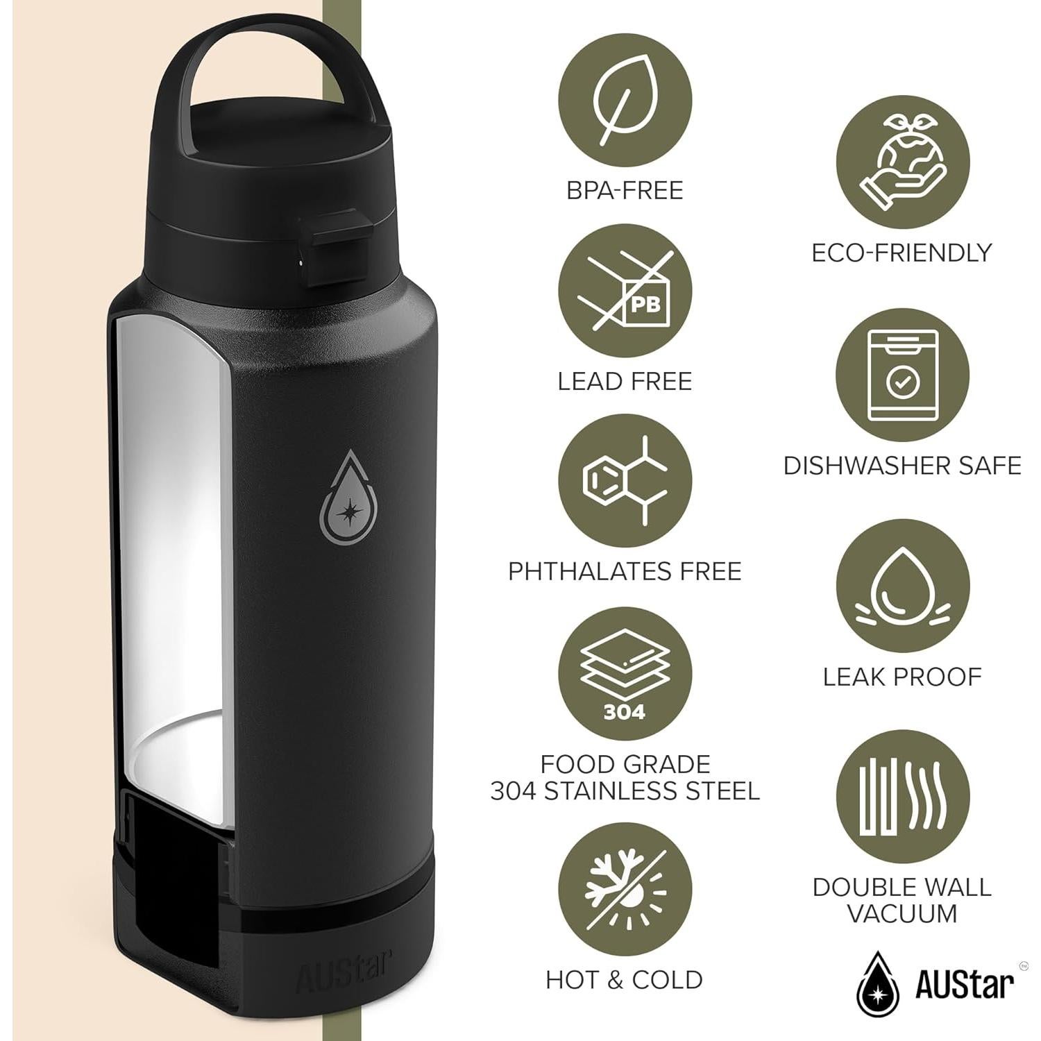 Botella de Agua Deportiva AUStar 769ml Aislada con Tapa Múltiple