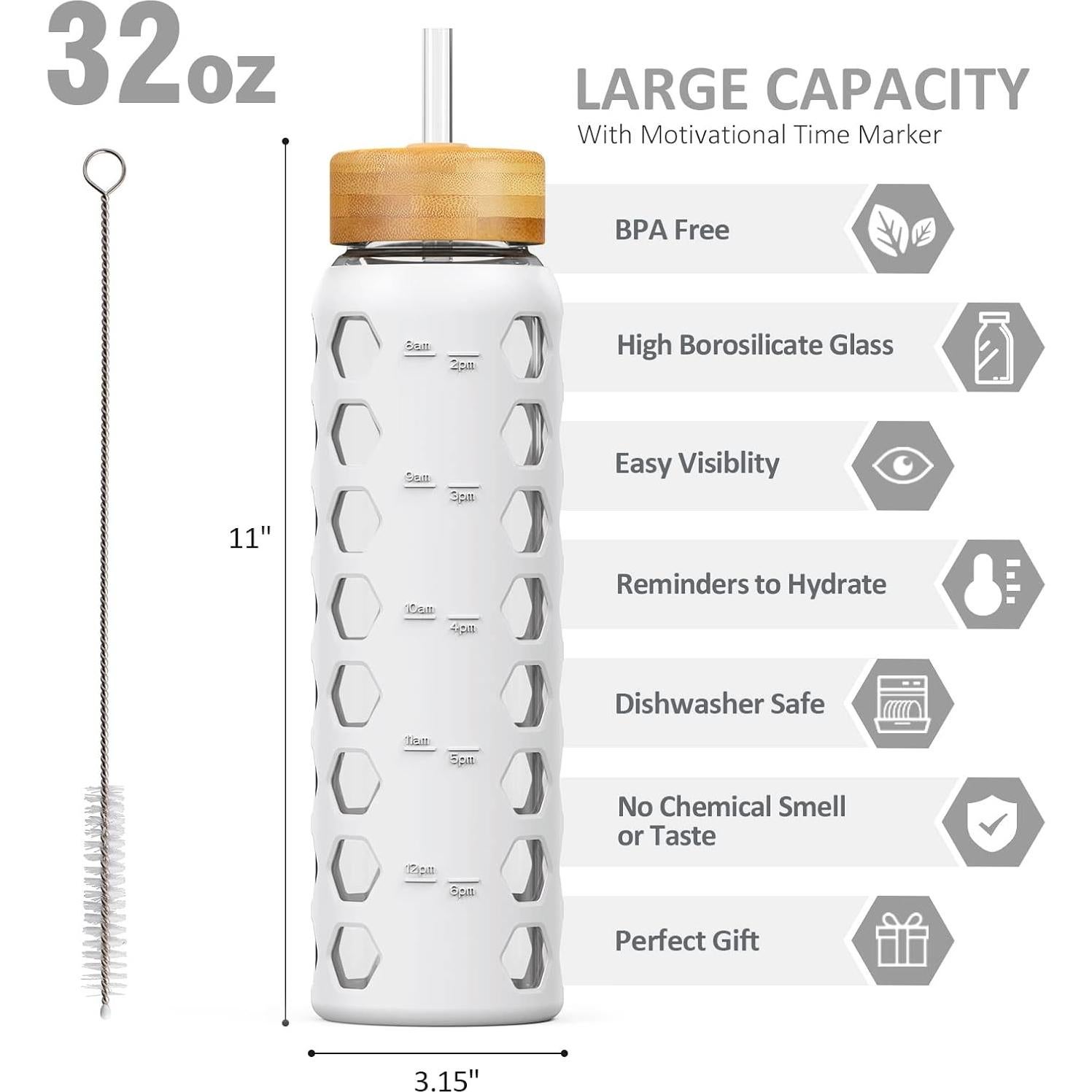 Botella de Agua de Vidrio MUKOKO 946ml con 2 Tapas y Funda