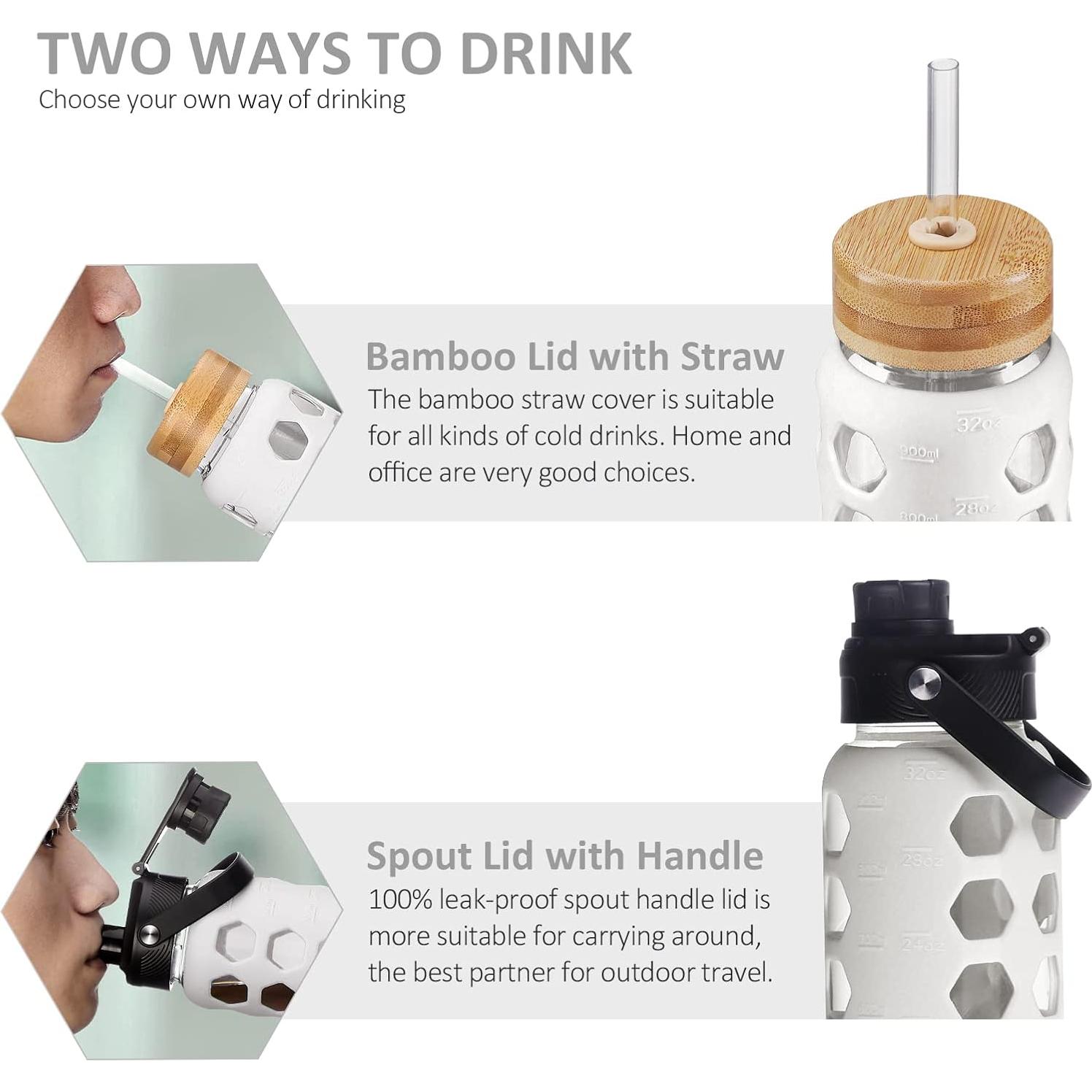 Botella de Agua de Vidrio MUKOKO 946ml con 2 Tapas y Funda