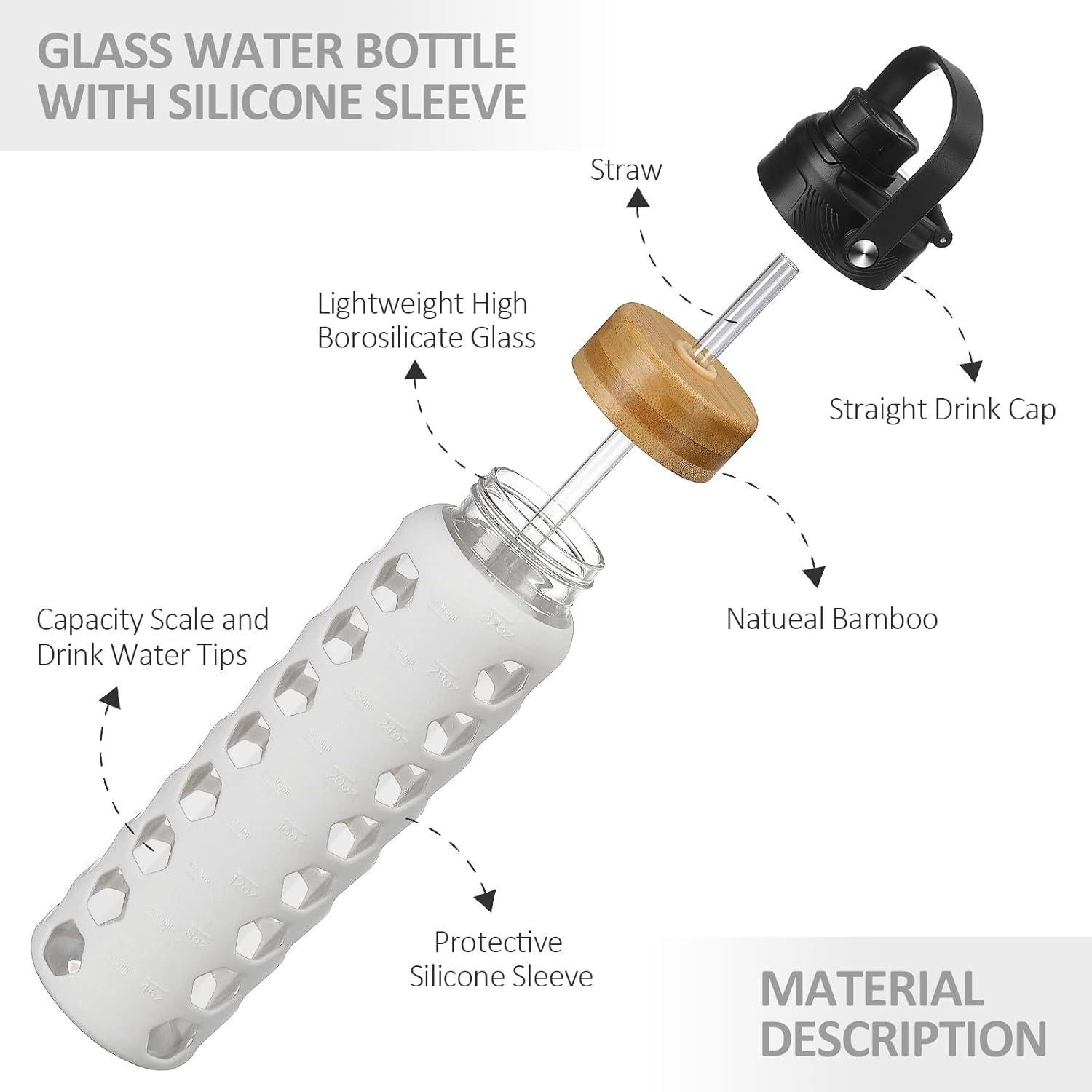 Botella de Agua de Vidrio MUKOKO 946ml con 2 Tapas y Funda