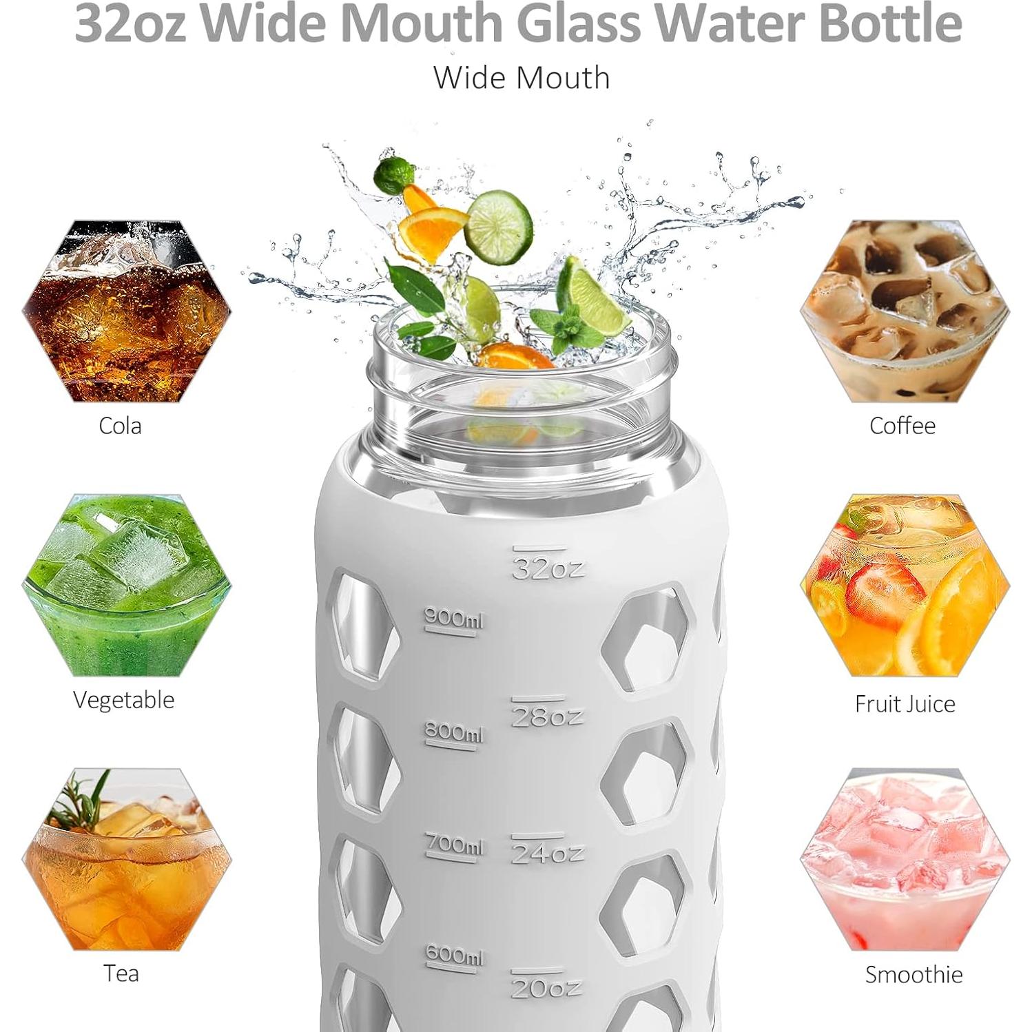 Botella de Agua de Vidrio MUKOKO 946ml con 2 Tapas y Funda