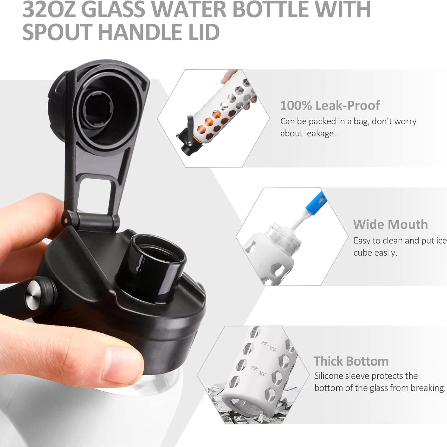 Botella de Agua de Vidrio MUKOKO 946ml con 2 Tapas y Funda