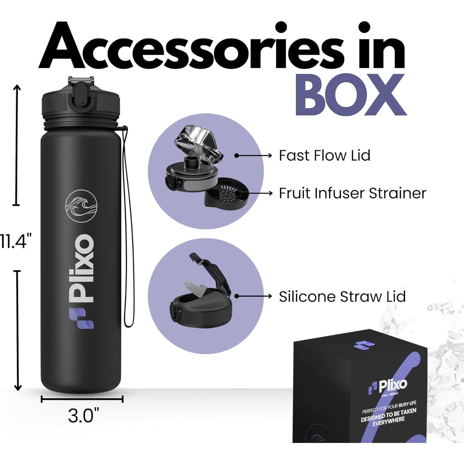 Botella de Agua Plixo 32 Oz con 2 Tapas a Prueba de Fugas