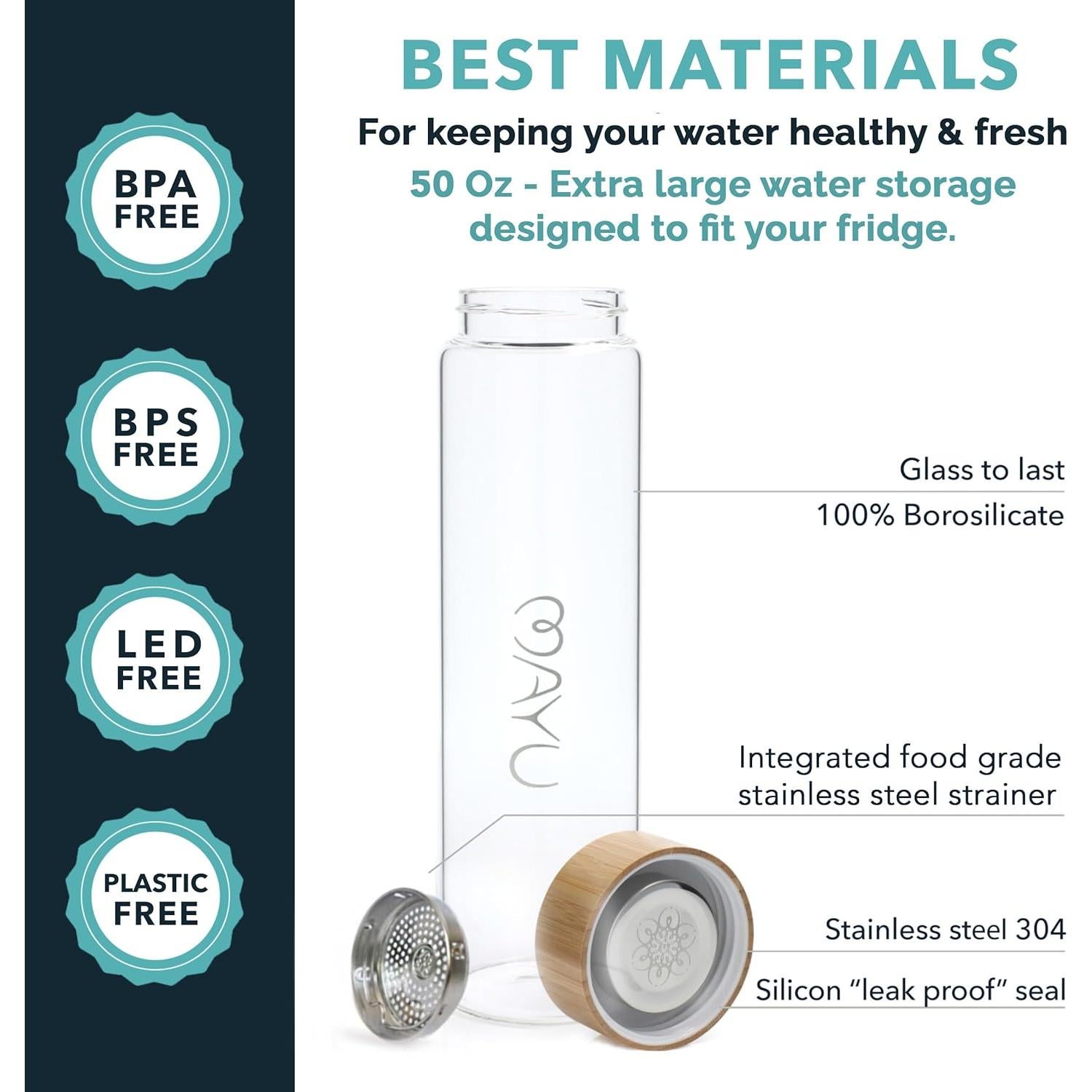 Botella de Agua de Vidrio Mayu 1.5L con Tapa de Bambú