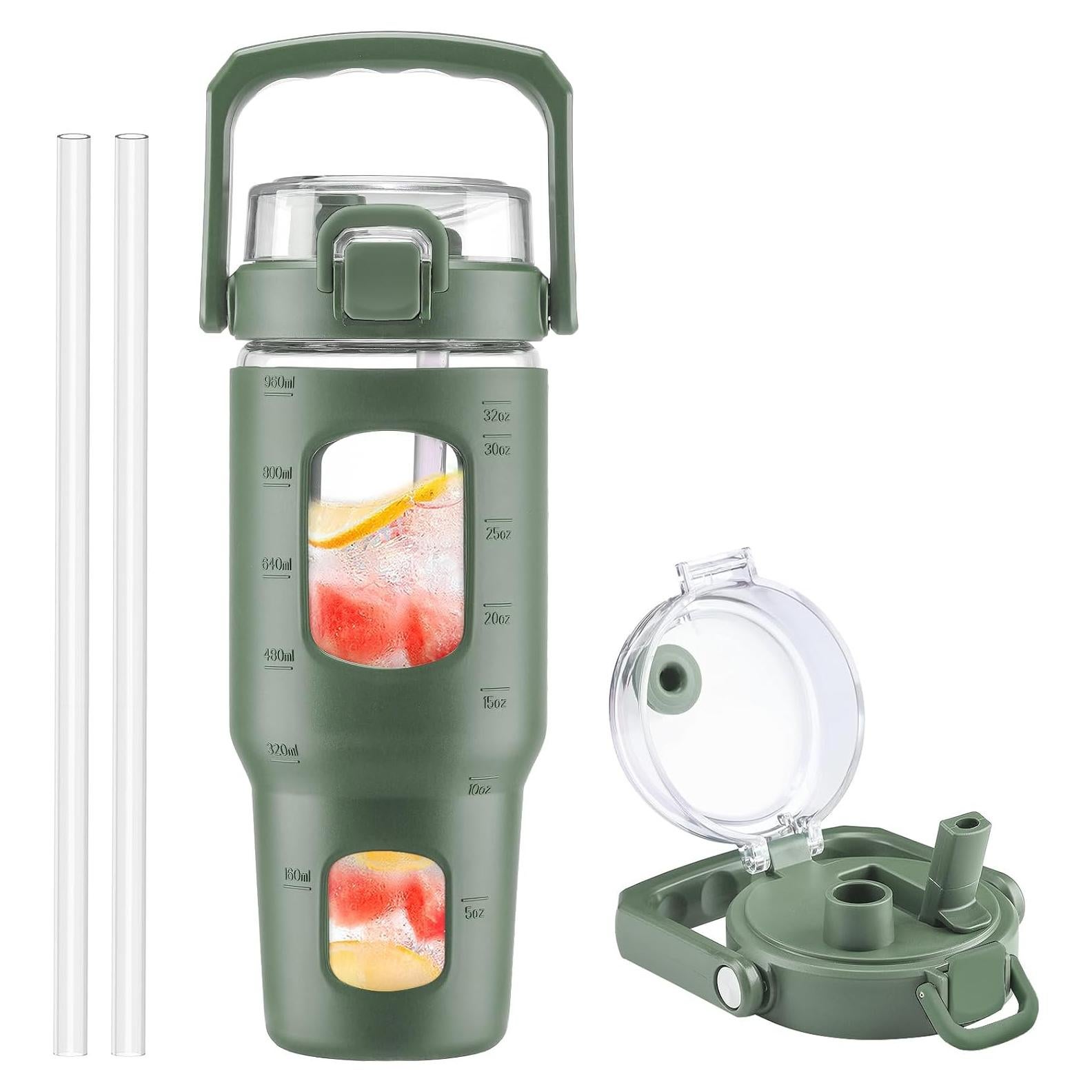 Botella de Agua de Vidrio Bluego 0.95L con Asa y Popote