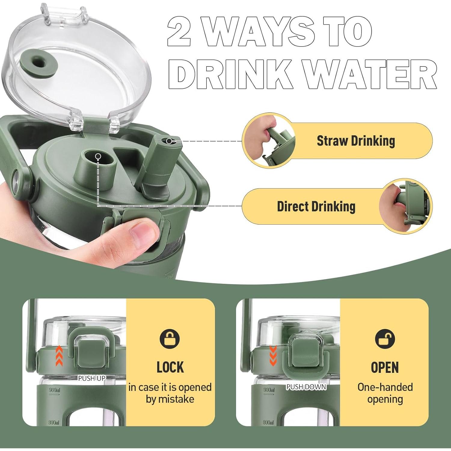 Botella de Agua de Vidrio Bluego 0.95L con Asa y Popote