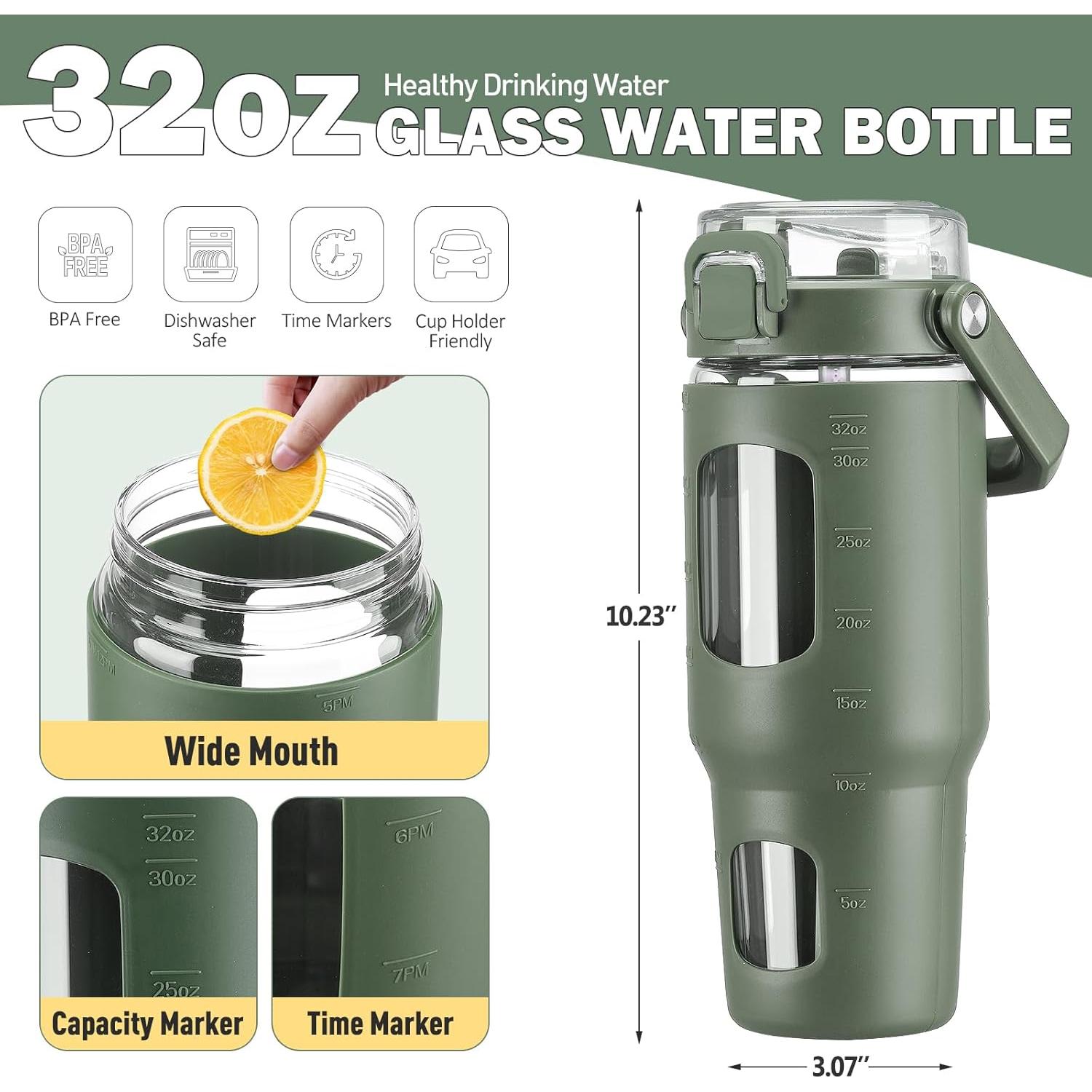 Botella de Agua de Vidrio Bluego 0.95L con Asa y Popote