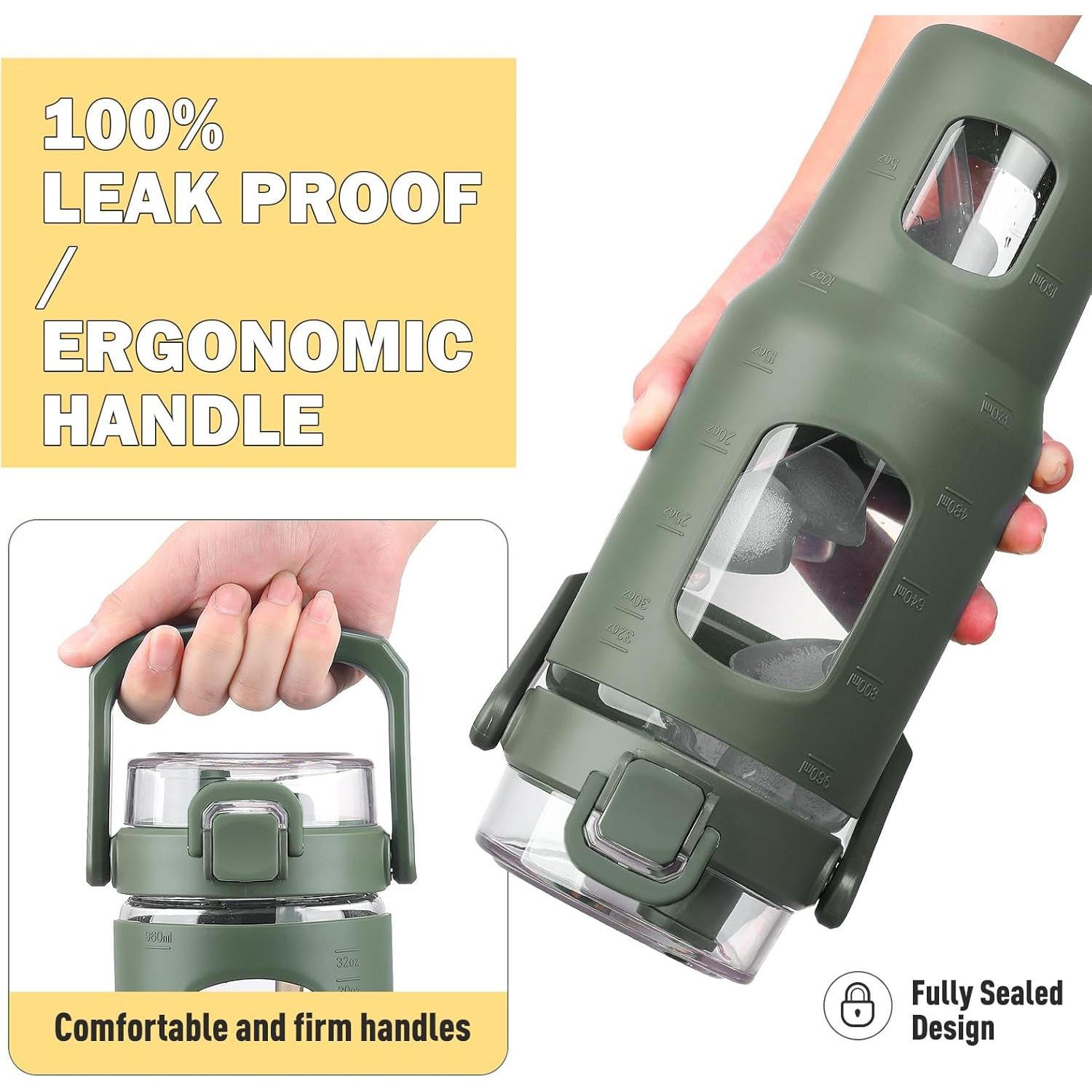 Botella de Agua de Vidrio Bluego 0.95L con Asa y Popote