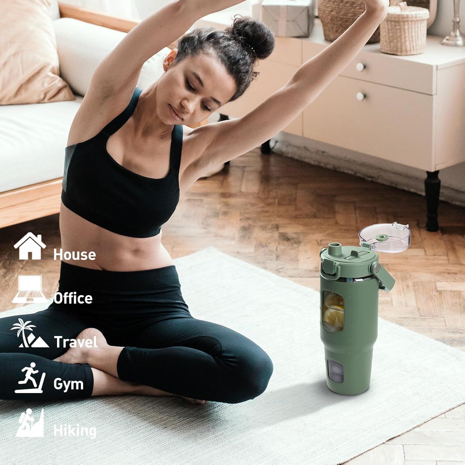 Botella de Agua de Vidrio Bluego 0.95L con Asa y Popote