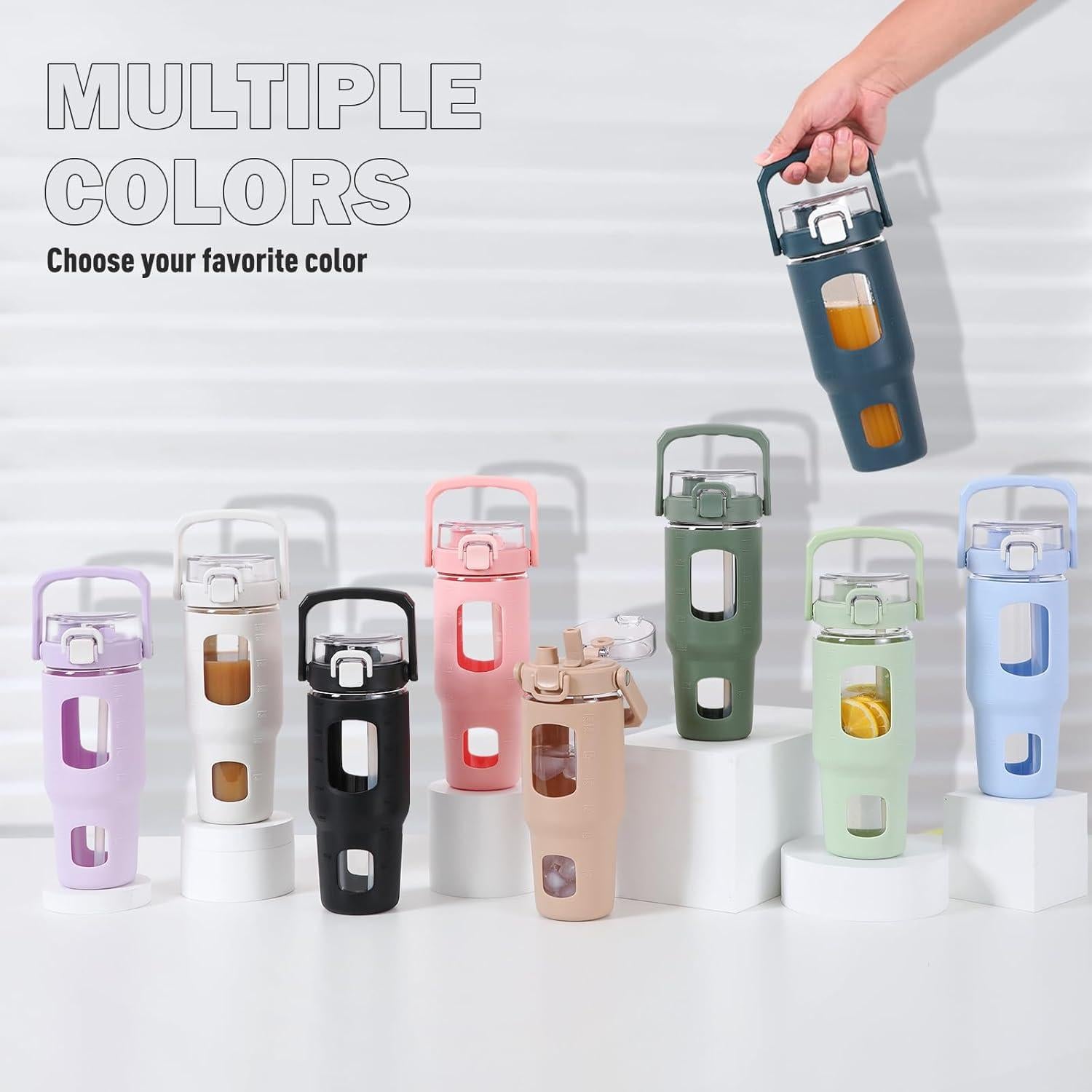 Botella de Agua de Vidrio Bluego 0.95L con Asa y Popote