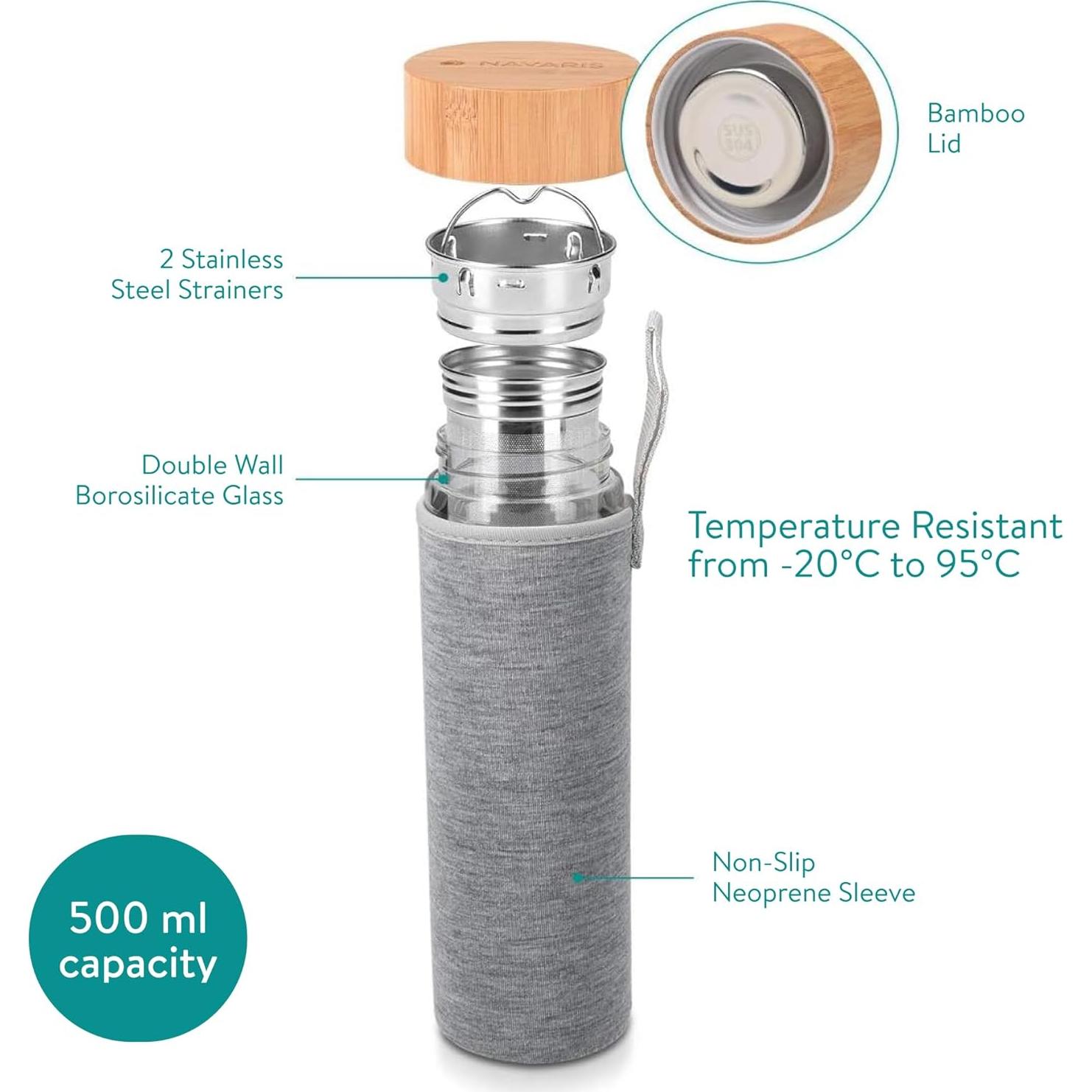 Botella de Té de Vidrio Navaris 500ml con Infusor y Manga Neopreno